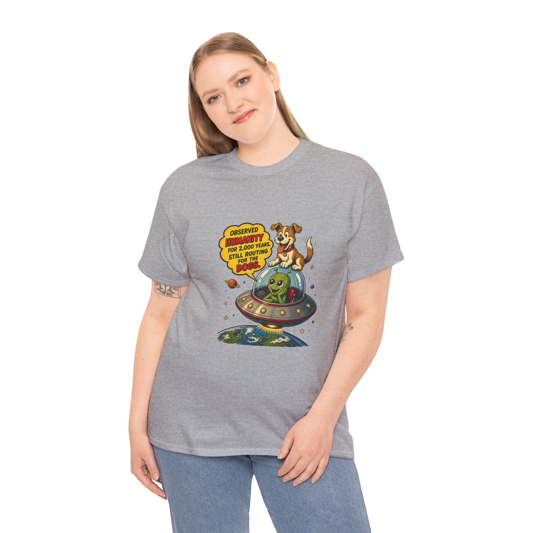 Rooting for the Dogs T-Shirt | Funny Alien UFO Dog Lover Tee | Sci-Fi Comic Graphic Shirt | Humanity Observation Joke Gift