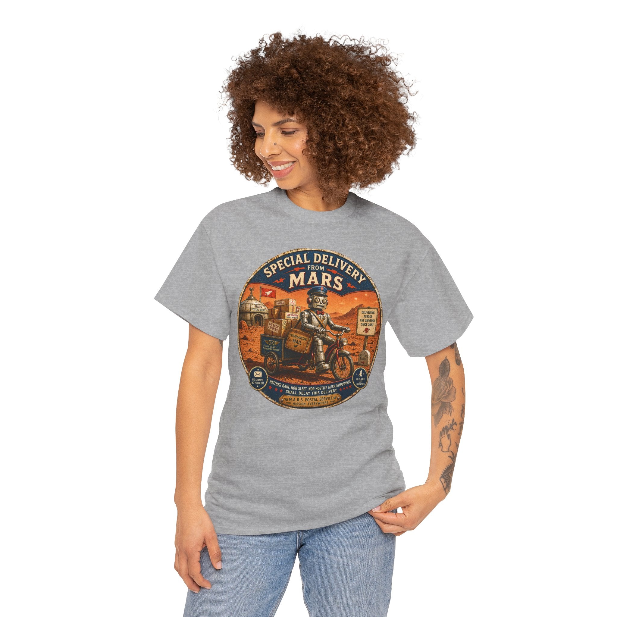 Special Delivery from Mars T-Shirt — Funny Retro Space Postal Robot Graphic Tee