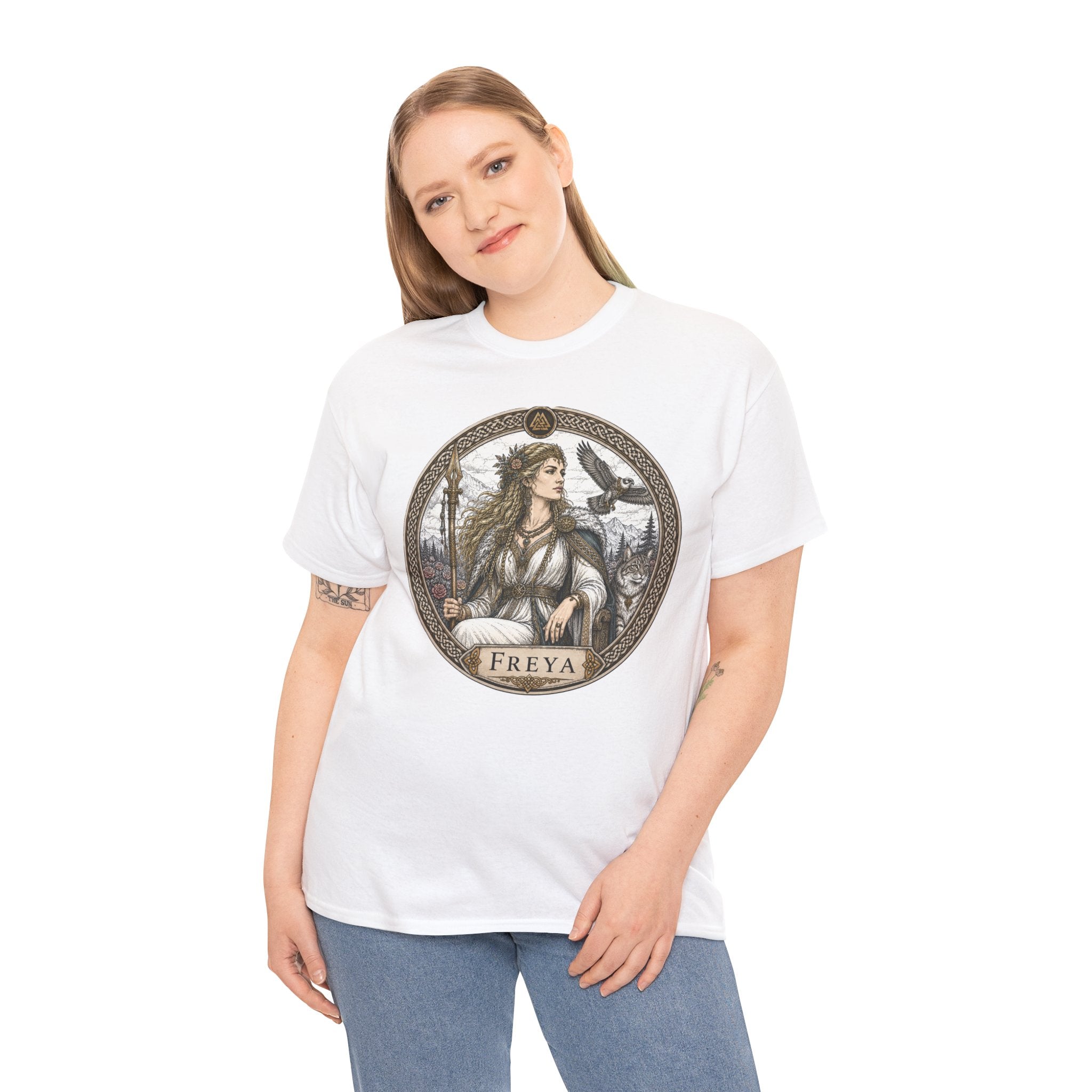 Freya Norse Mythology T-Shirt — Viking Goddess of War Love Falcon Valknut
