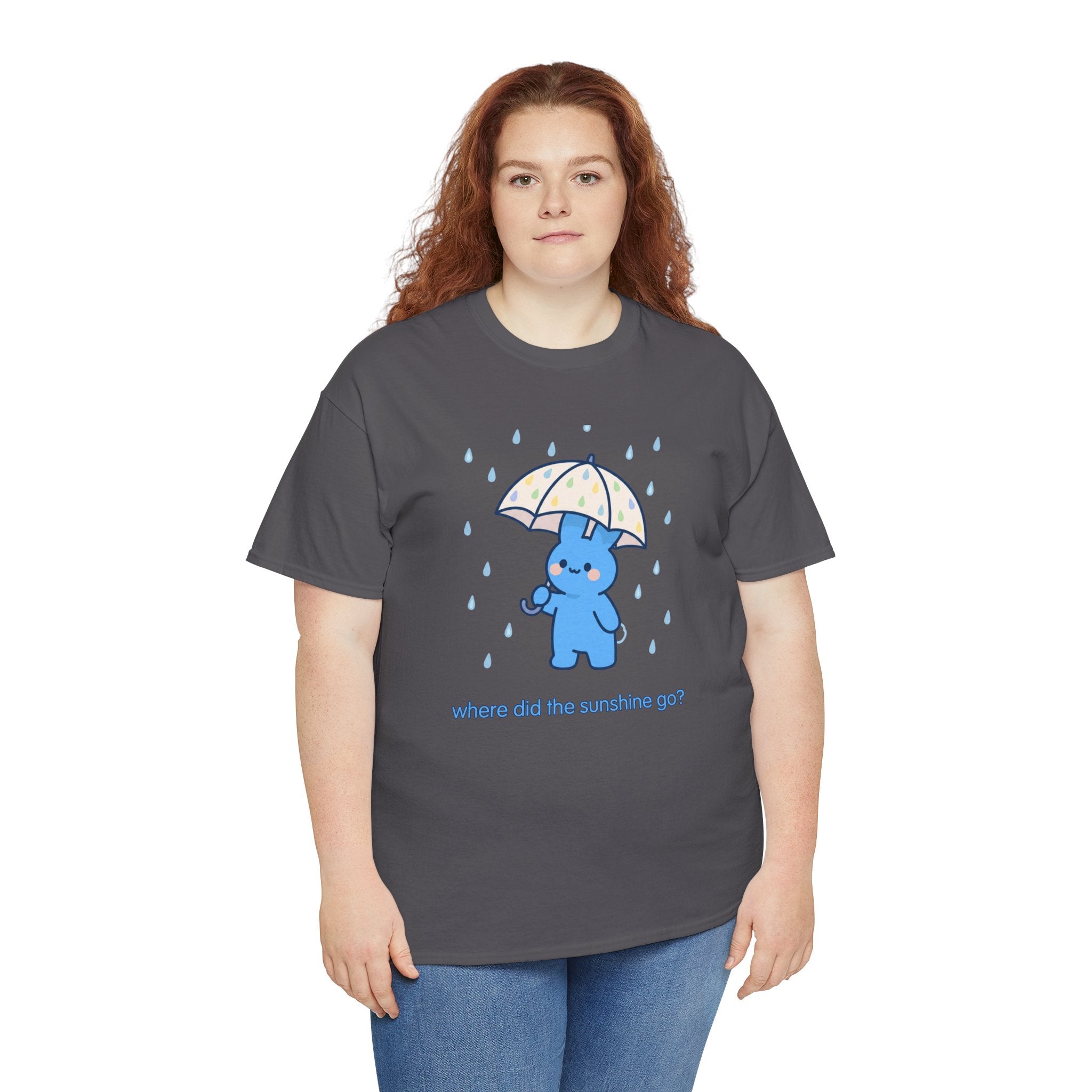 Cute Blue Bunny Tee — "Where Did the Sunshine Go?" Rainy Day Graphic T-Shirt - Where did the sunshine go? 🌧️🐰 Our little blue bunny is braving the rain with the cutest polka dot umbrella