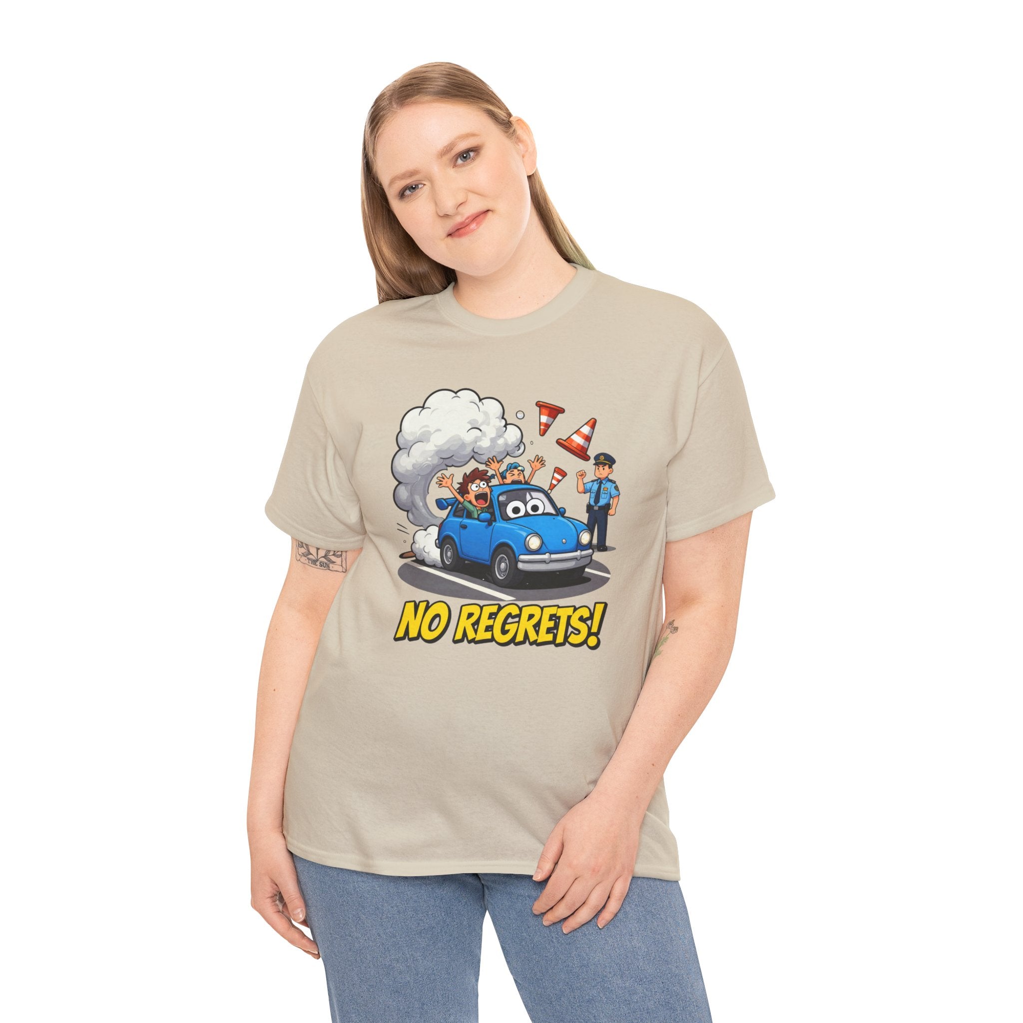 No Regrets T-Shirt – Funny Cartoon Car Police Chase Road Cone Chaos | Bad Driver Motoring Humour Graphic Tee