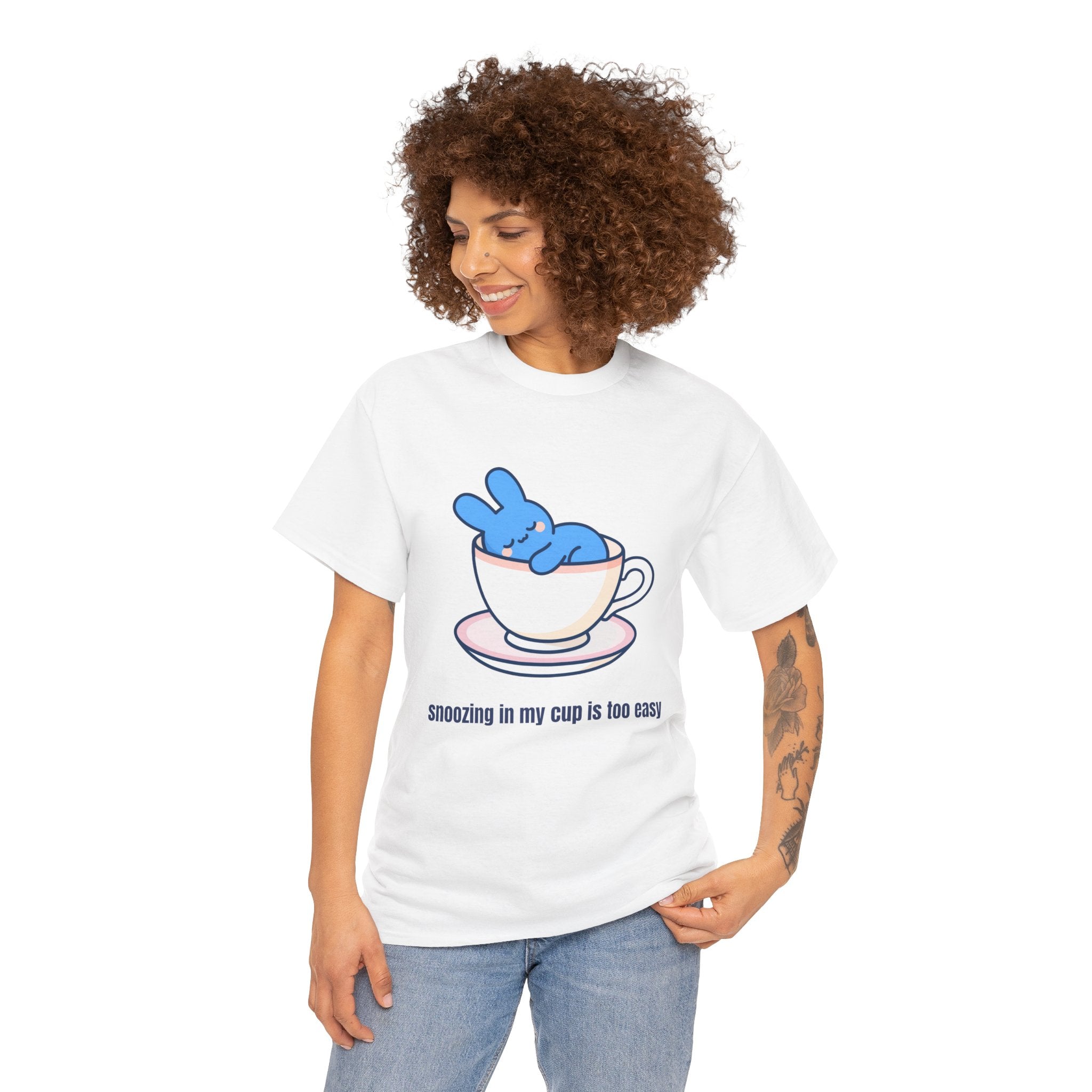 Cute Bunny Tea Tee — "Snoozing in My Cup is Too Easy" Graphic T-Shirt - Steep Dreams – Why sit beside a cup when you can sleep IN one? 😴☕ Our little blue bunny has found the cosiest nap spot imaginable — and honestly, we're jealous. S