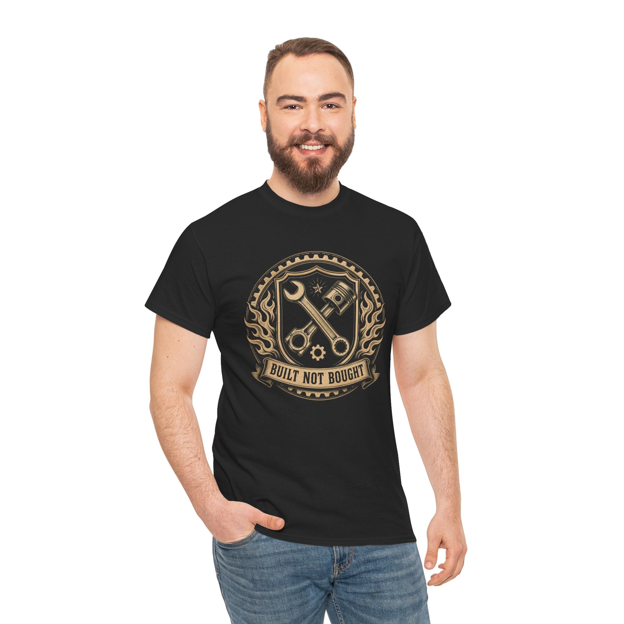 Built Not Bought T-Shirt | Crossed Wrench Piston Badge Graphic Tee | Car Mechanic Gearhead Shirt | Classic Hot Rod Garage Art