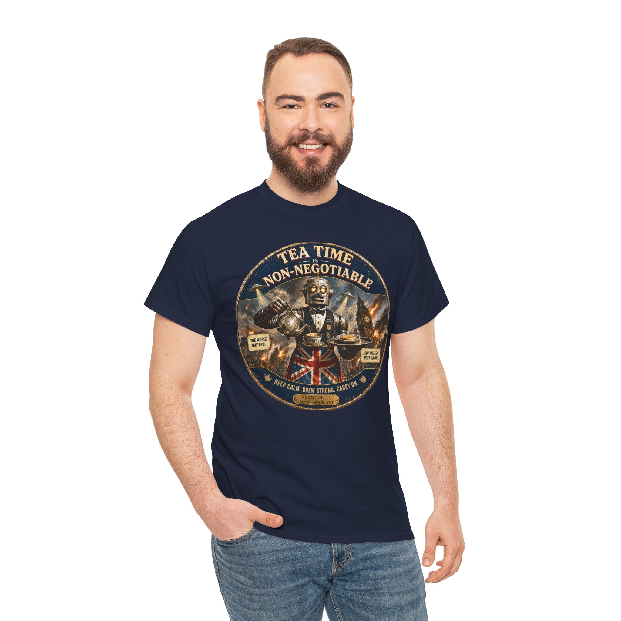Tea Time is Non-Negotiable T-Shirt — Funny British Butler Robot Graphic Tee