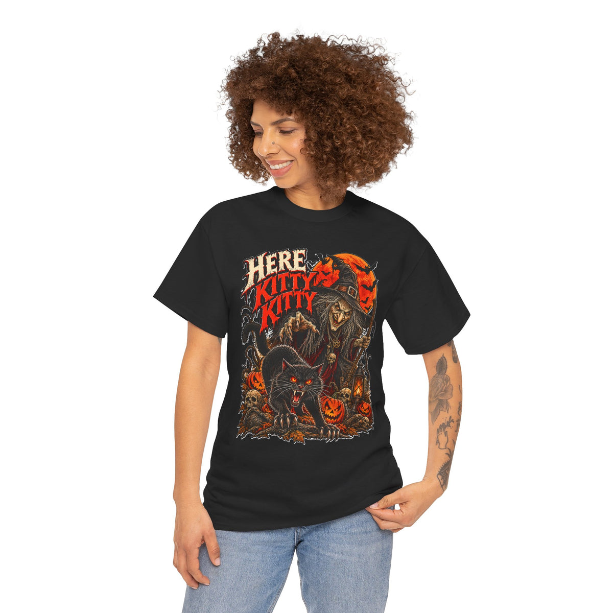 Here Kitty Kitty: Witch and Black Cat Halloween T-Shirt