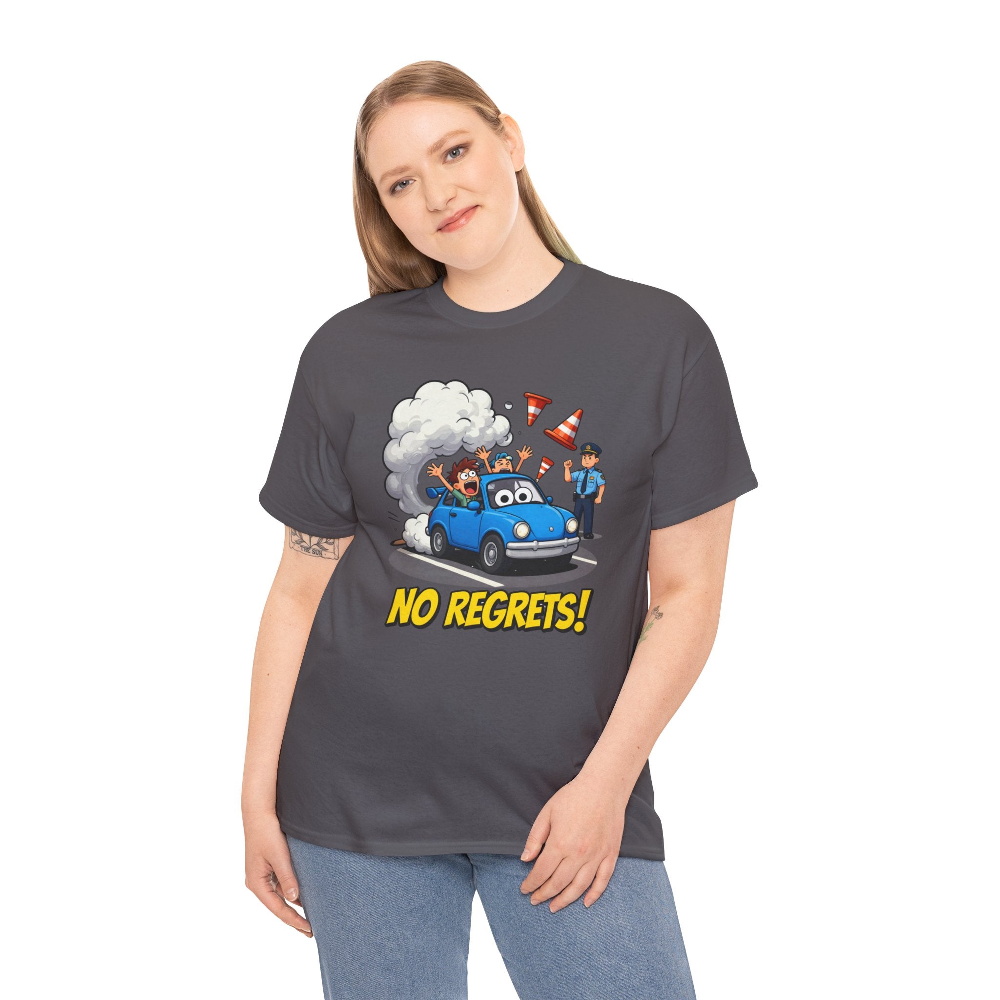 No Regrets T-Shirt – Funny Cartoon Car Police Chase Road Cone Chaos | Bad Driver Motoring Humour Graphic Tee
