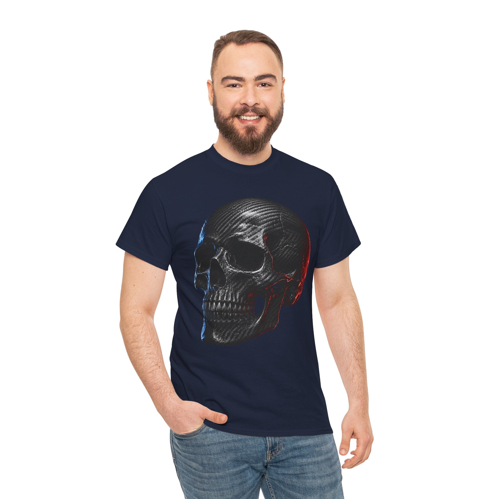 Carbon Fibre Skull T-Shirt | Racing Car Culture Graphic Tee | Red and Blue Edge Lighting Skull Shirt | Motorsport Gearhead Art