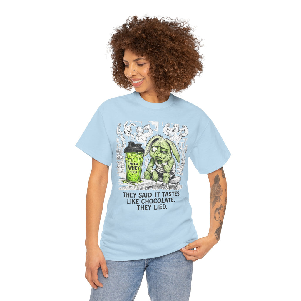 They Said It Tastes Like Chocolate T-Shirt – Funny Gym Protein Shake Bunny | Workout Humour Graphic Tee