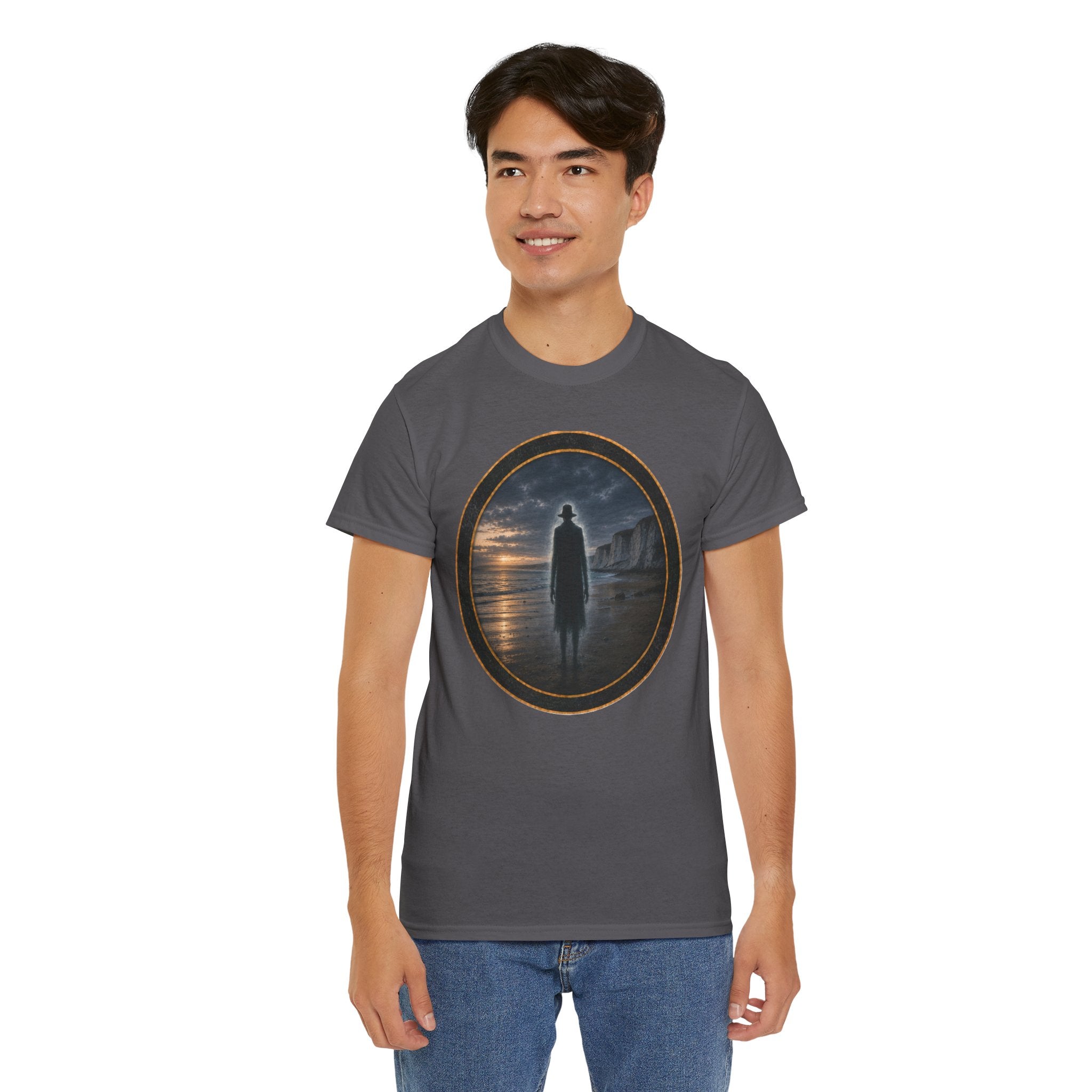 The Watcher on the Shore - Mystic Shore Tee — Silhouette at Dusk Graphic T-Shirt