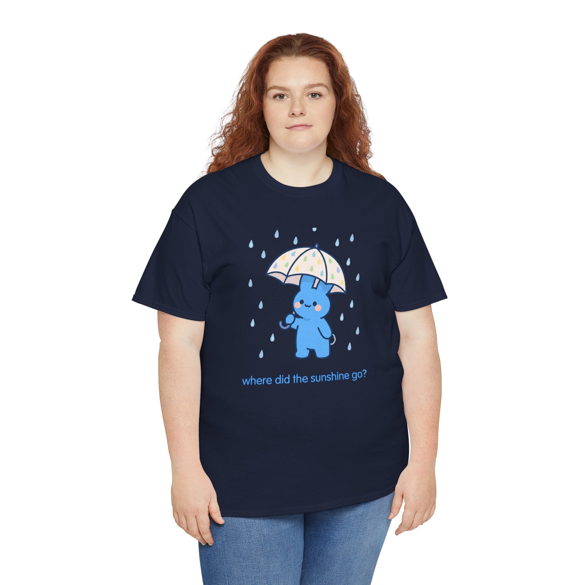 Cute Blue Bunny Tee — "Where Did the Sunshine Go?" Rainy Day Graphic T-Shirt - Where did the sunshine go? 🌧️🐰 Our little blue bunny is braving the rain with the cutest polka dot umbrella