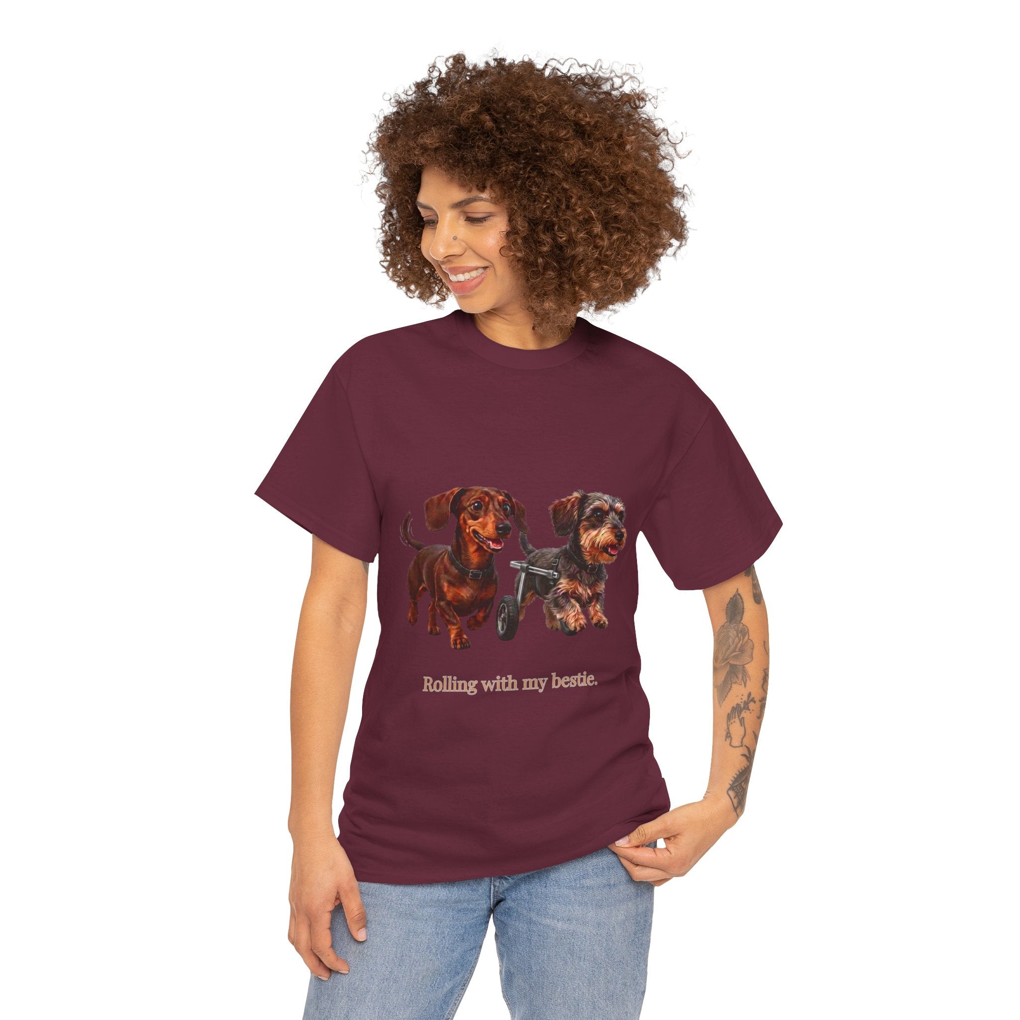 Rolling With My Bestie T-Shirt | Cute Dachshund Wheelchair Dog Tee | Funny Heartwarming Furry Friends Graphic T-Shirt