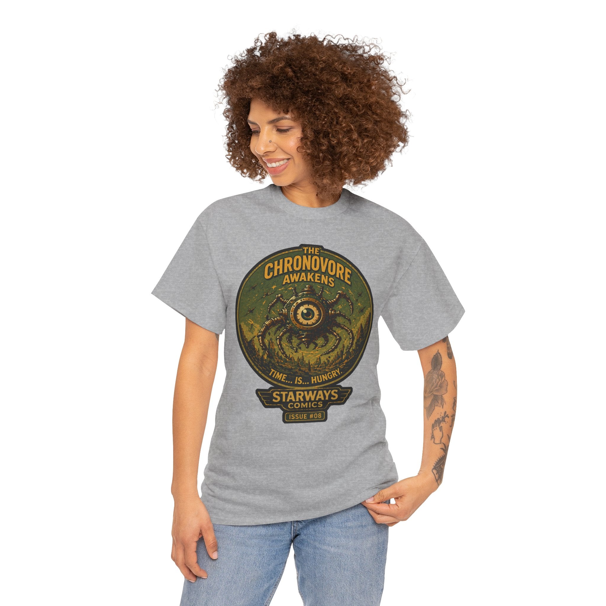 The Chronovore Awakens T-Shirt | Retro Sci-Fi Monster Graphic Tee | Vintage Space Comic Creature Shirt | Starways Comics Issue 8