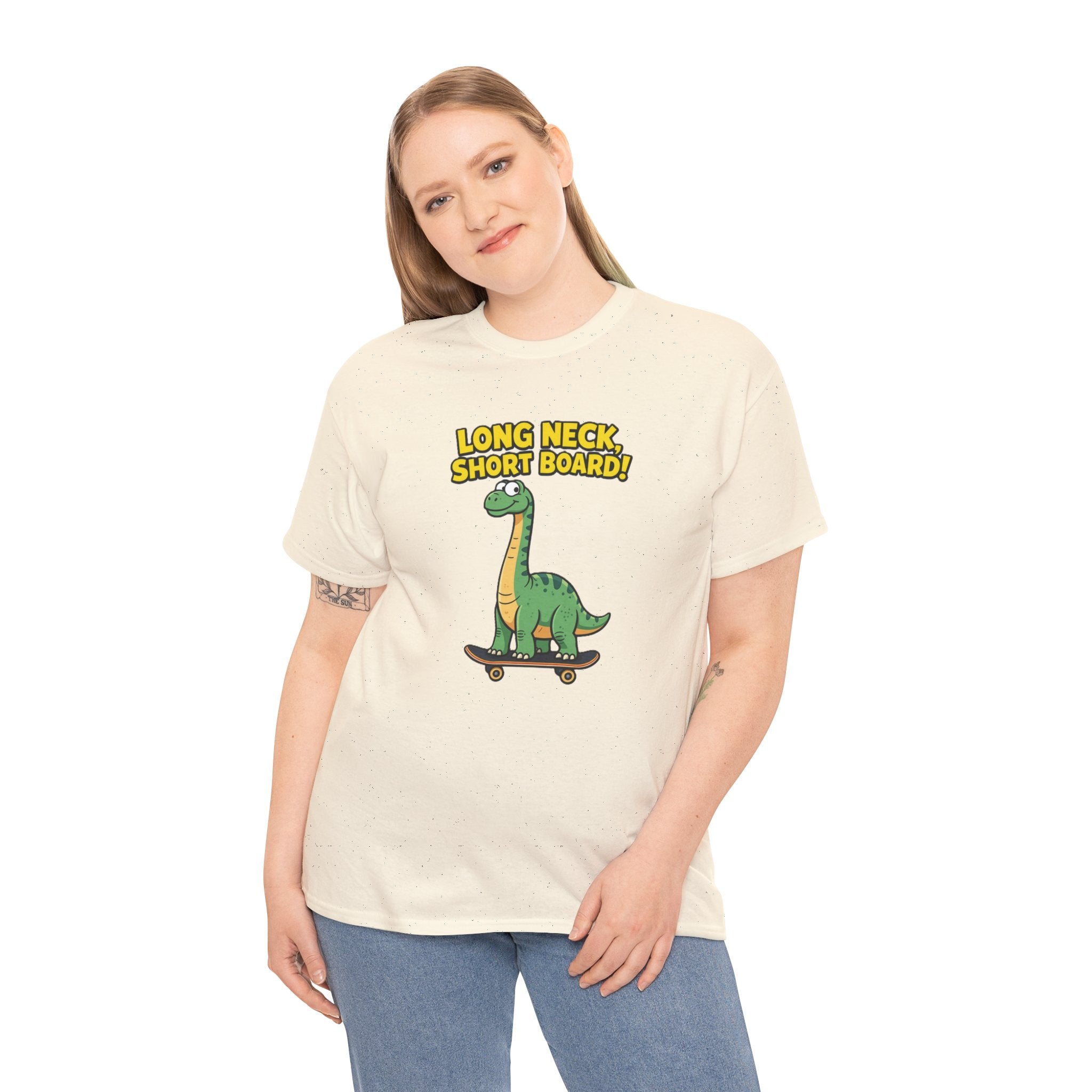 Long Neck Short Board T-Shirt – Funny Brachiosaurus Skateboard Cartoon Dinosaur | Tall Dino Skater Pun Graphic Tee