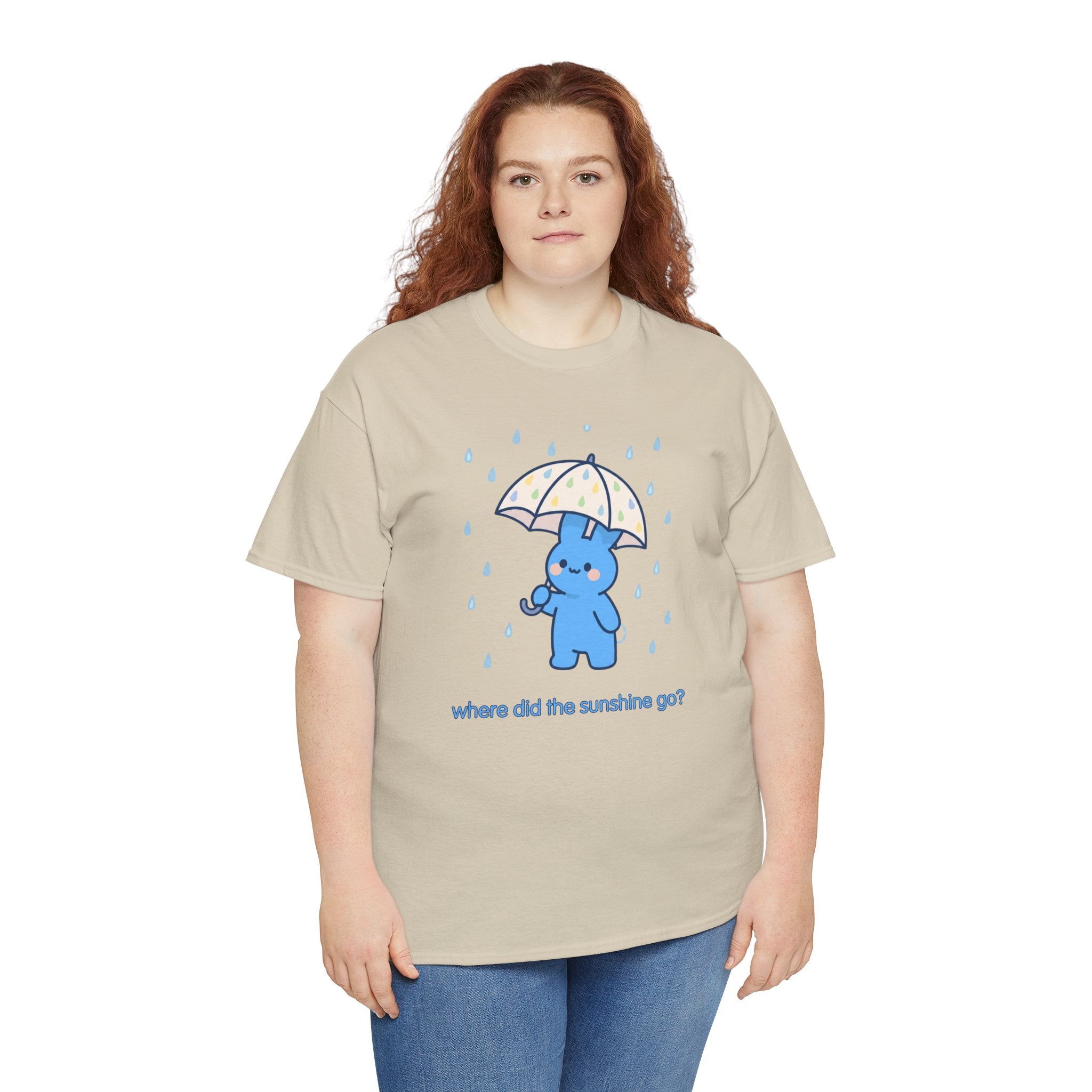 Cute Blue Bunny Tee — "Where Did the Sunshine Go?" Rainy Day Graphic T-Shirt - Where did the sunshine go? 🌧️🐰 Our little blue bunny is braving the rain with the cutest polka dot umbrella