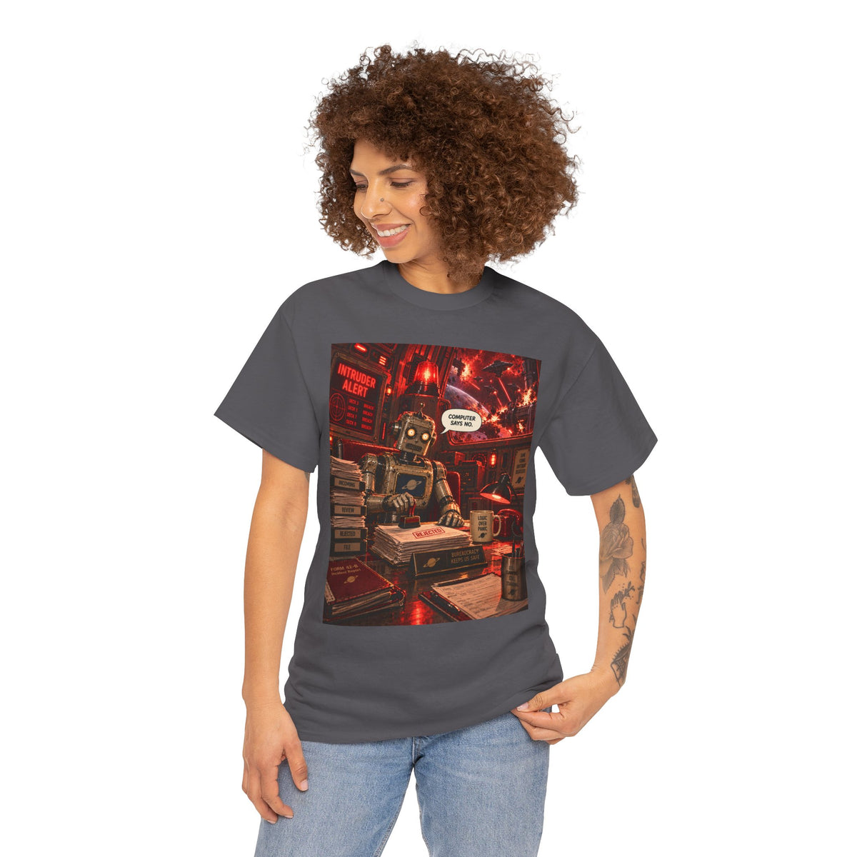 Retro Geek Robot Desk Tee — "Overworked and Underpaid" Graphic T‑Shirt