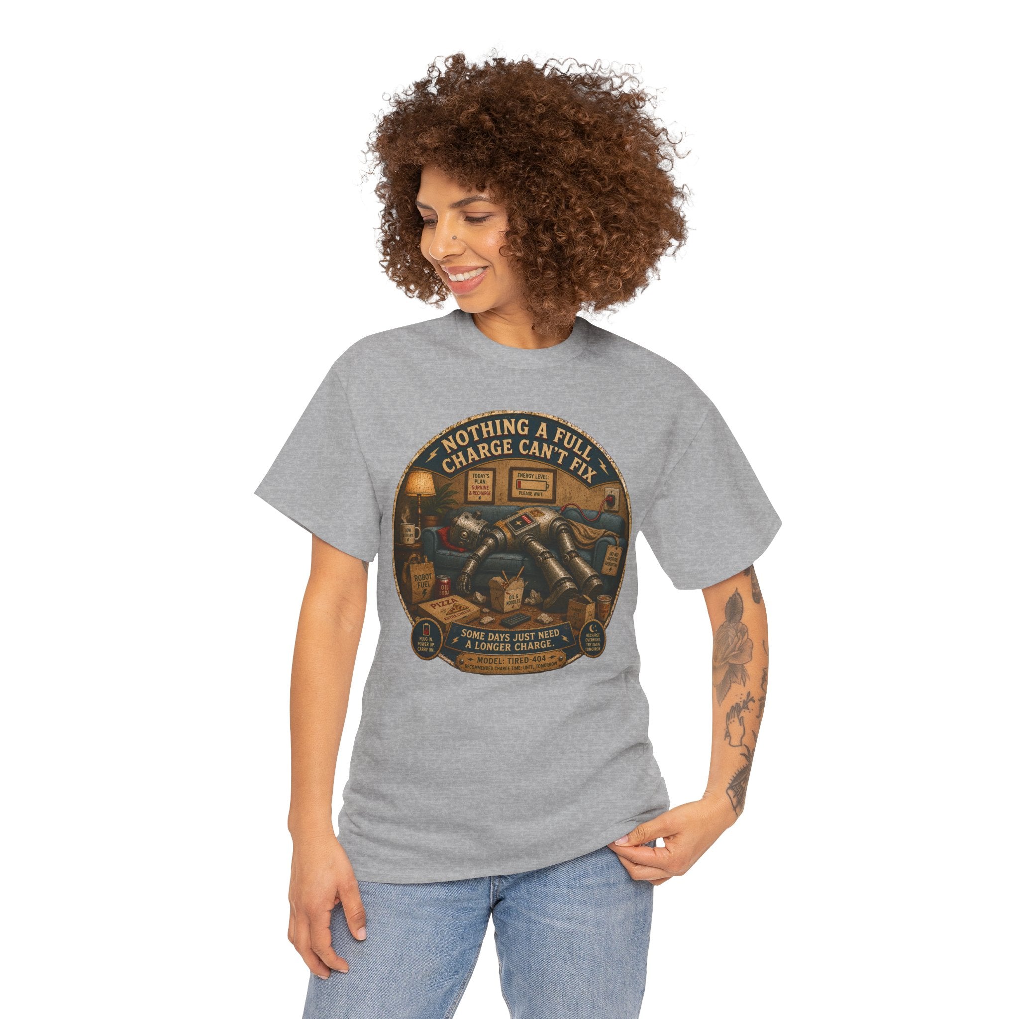 Nothing a Full Charge Can't Fix T-Shirt — Funny Tired Robot Graphic Tee
