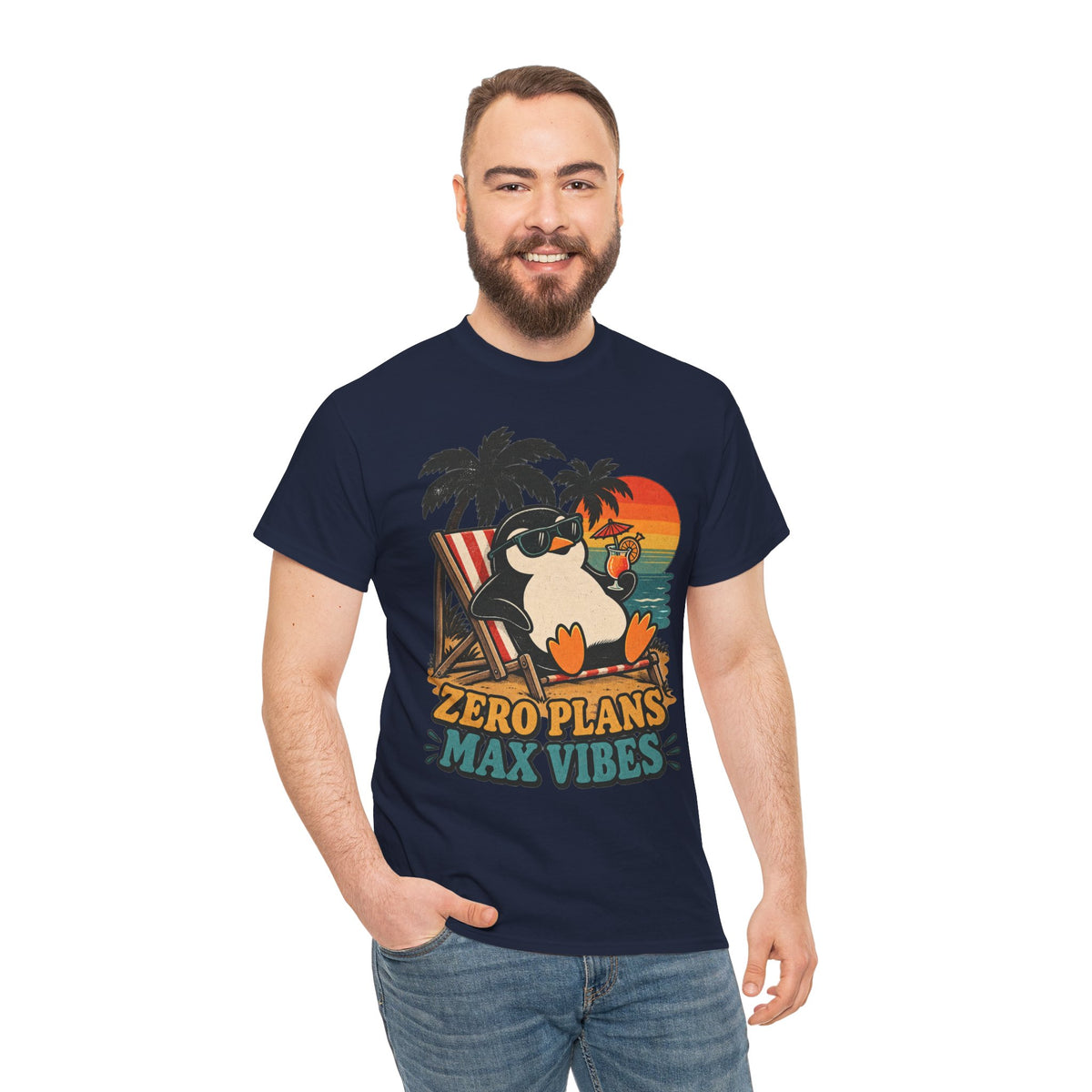 T-Shirt — "Zero Plans, Max Vibes" Penguin Beach Tee