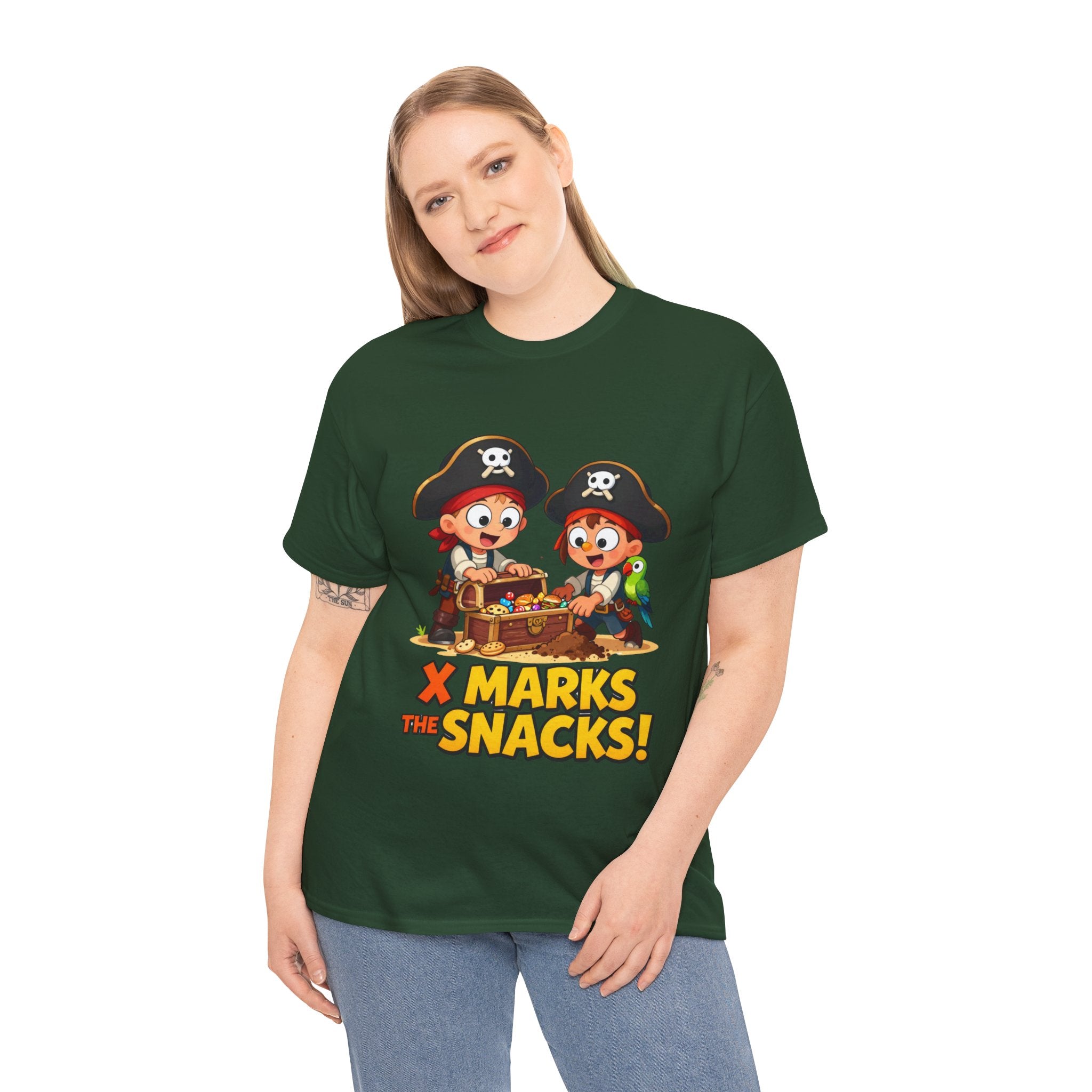 X Marks the Snacks T-Shirt – Funny Pirate Treasure Chest Food Cartoon | Pirate Parrot Foodie Humour Graphic Tee