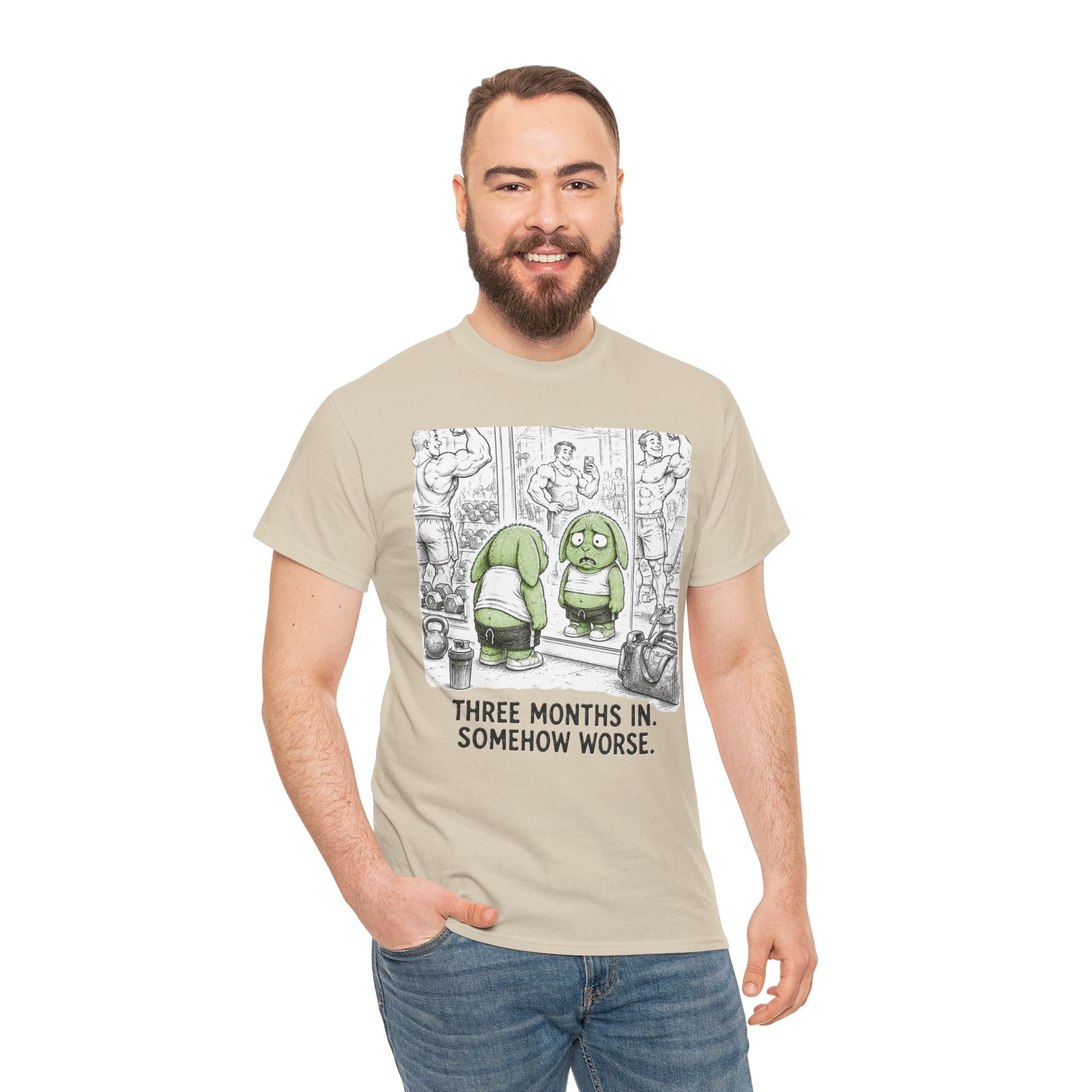 Three Months In Somehow Worse T-Shirt – Funny Gym Mirror Fail | New Year Resolution Workout Graphic Tee