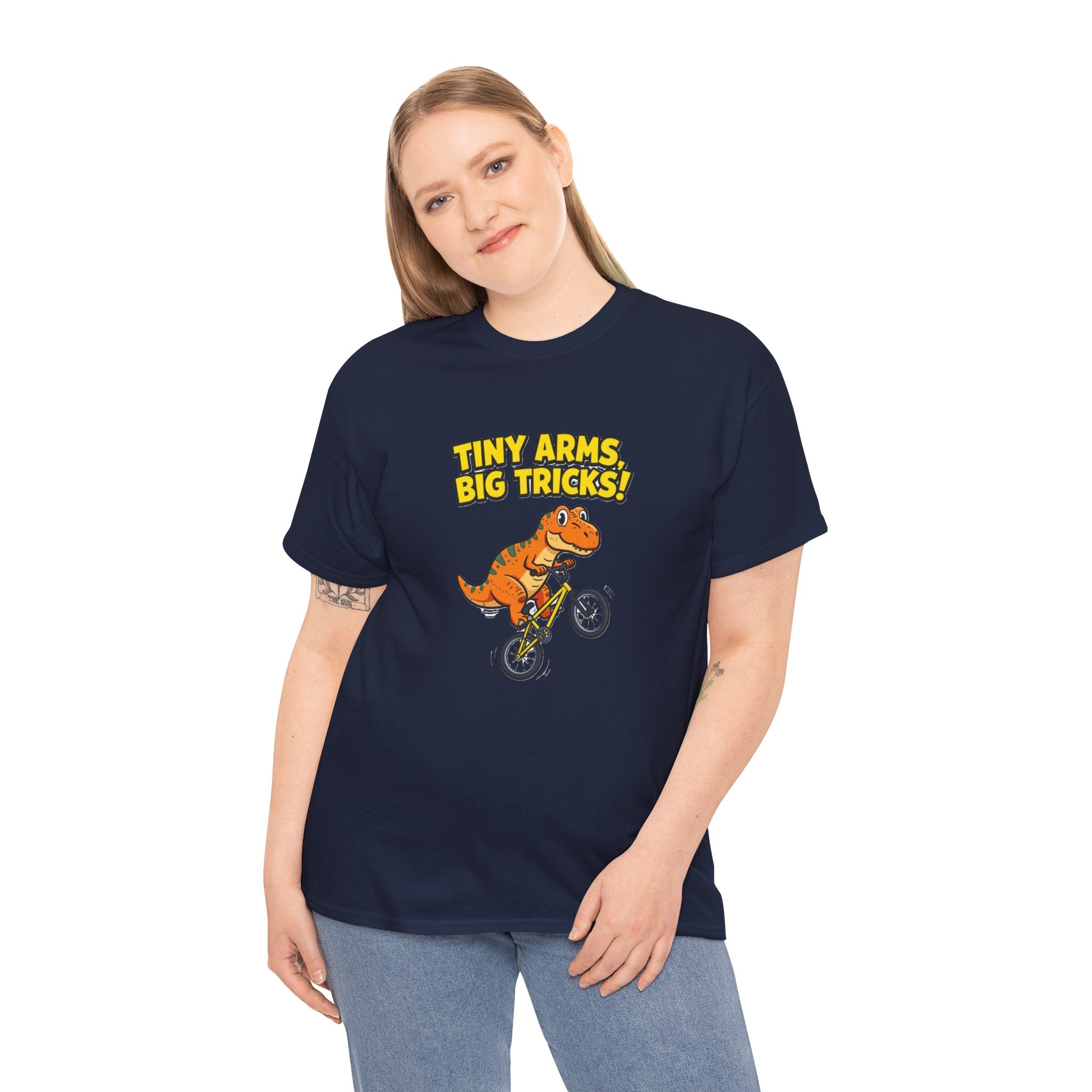 T-Shirt — "Tiny Arms, Big Tricks!" BMX Dino Graphic Tee