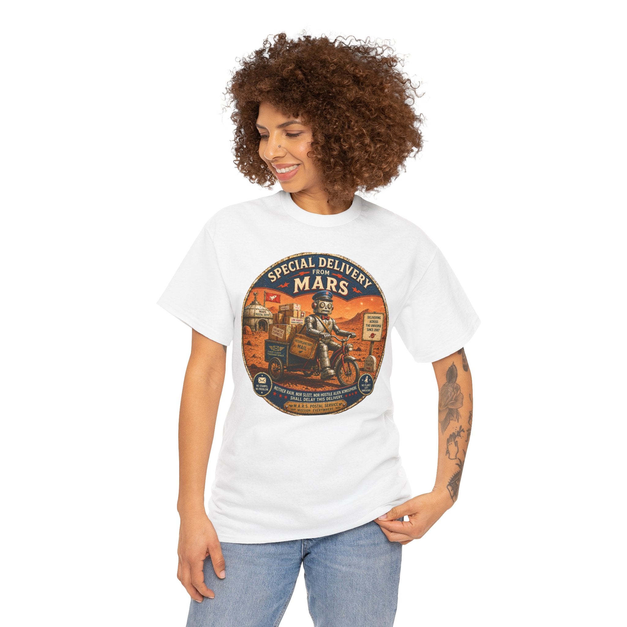 Special Delivery from Mars T-Shirt — Funny Retro Space Postal Robot Graphic Tee