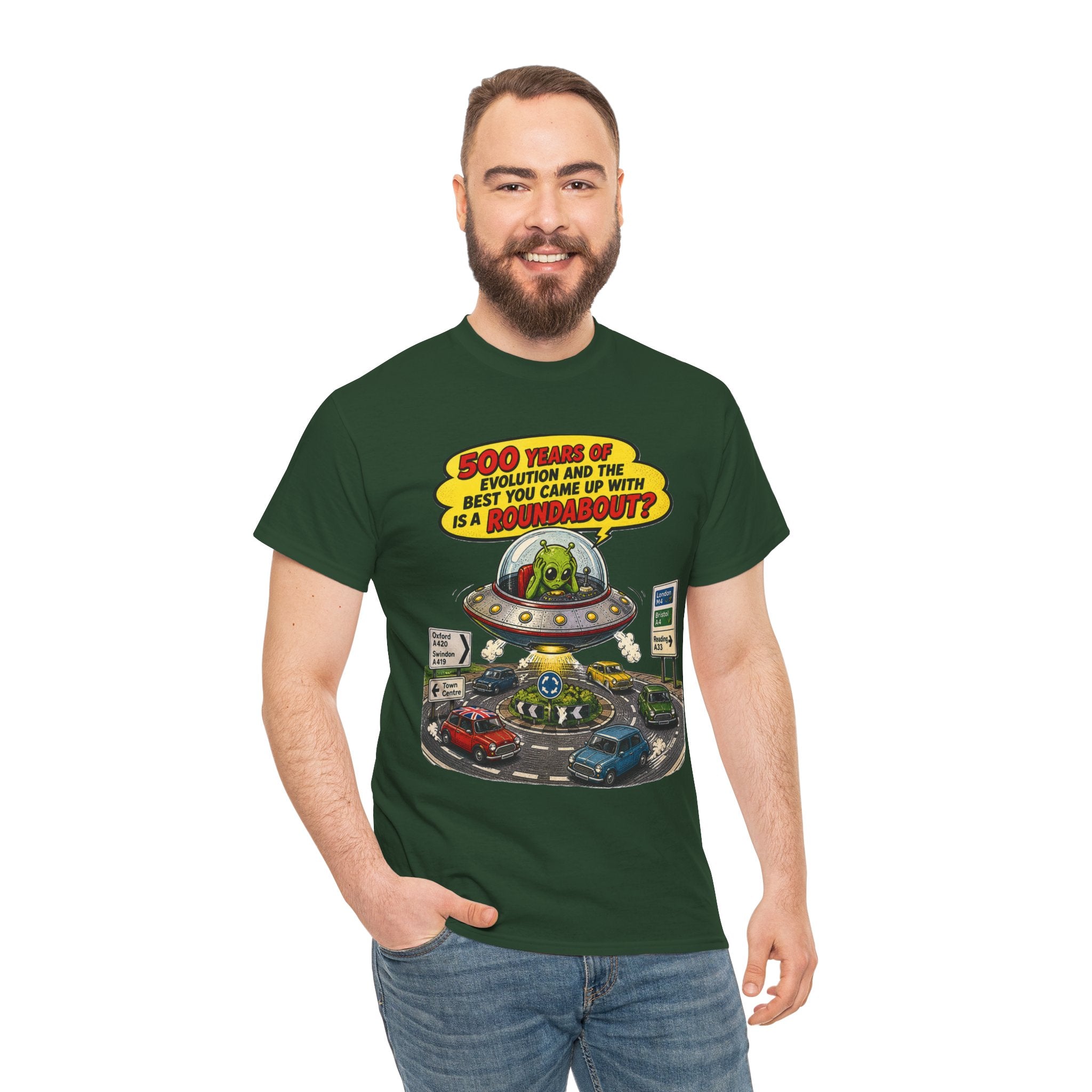 Alien UFO Roundabout T-Shirt — Vintage Comic Space Humor Tee