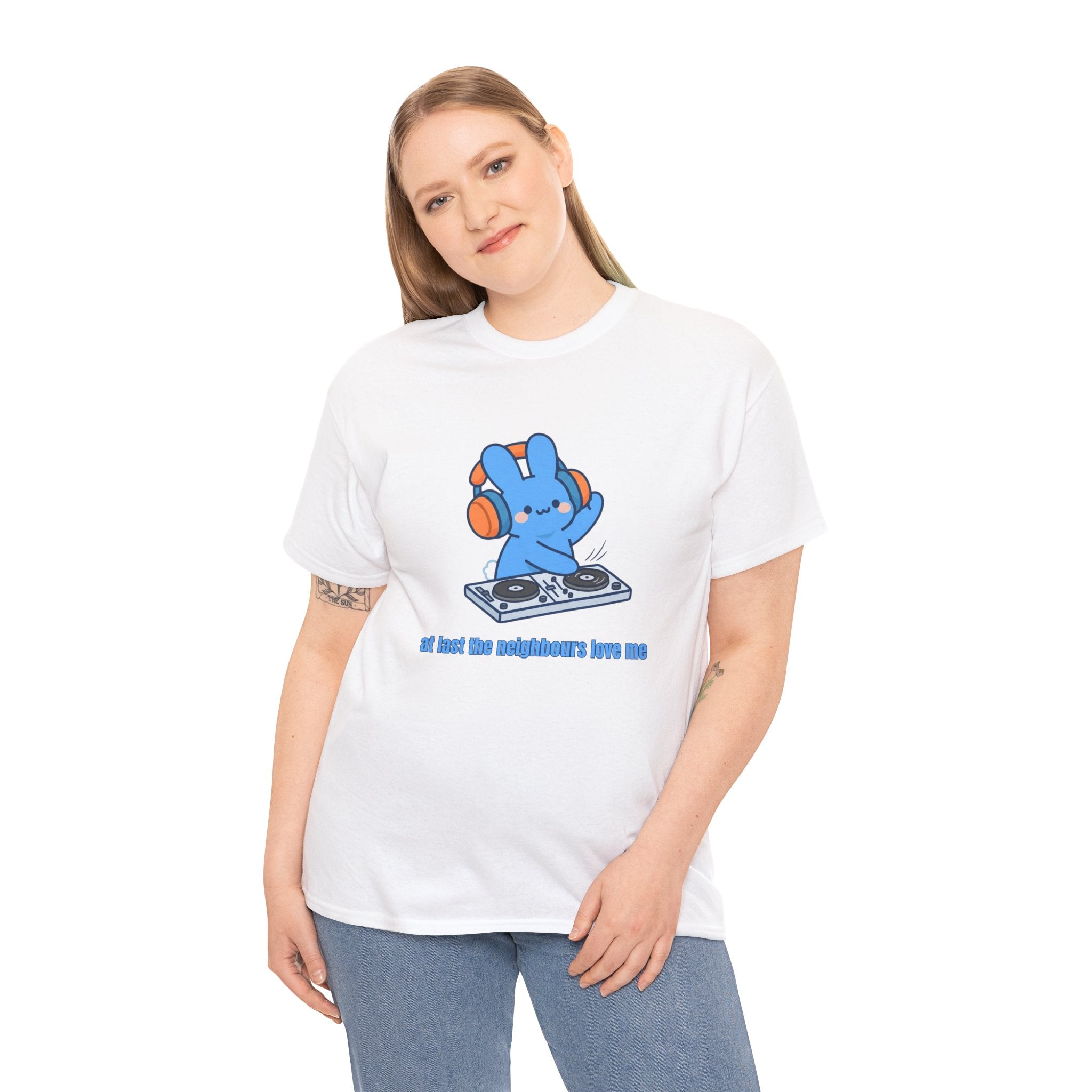 DJ Bunny T‑Shirt — "At least the neighbors love me" Cute Bunny DJ Graphic Tee - Do Not Disturb – Cute Kawaii Bunny Music Headphones Cartoon Graphic T-Shirt