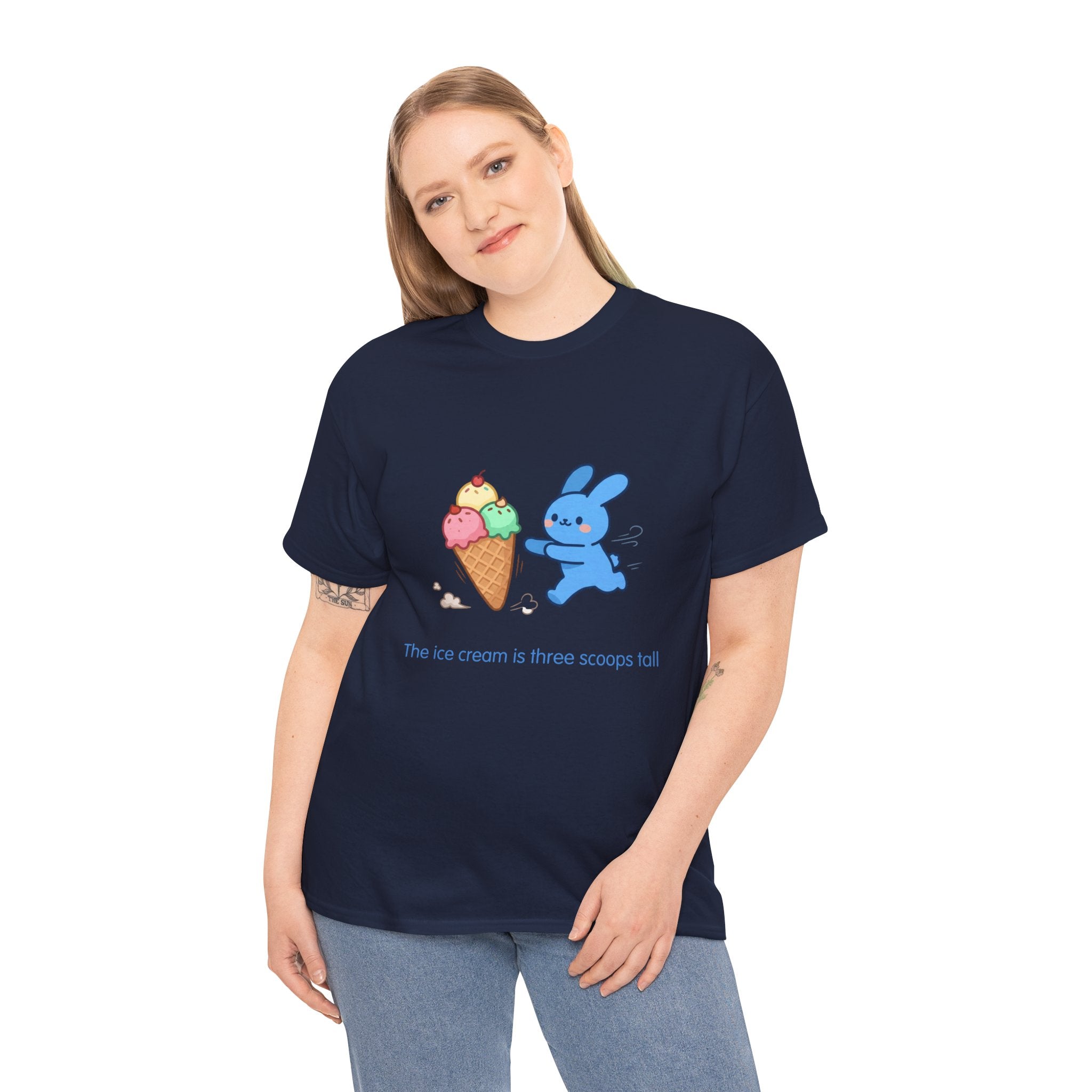 Ice Cream Bunny T-Shirt — The ice cream is three scoops tall. The bunny is determined.