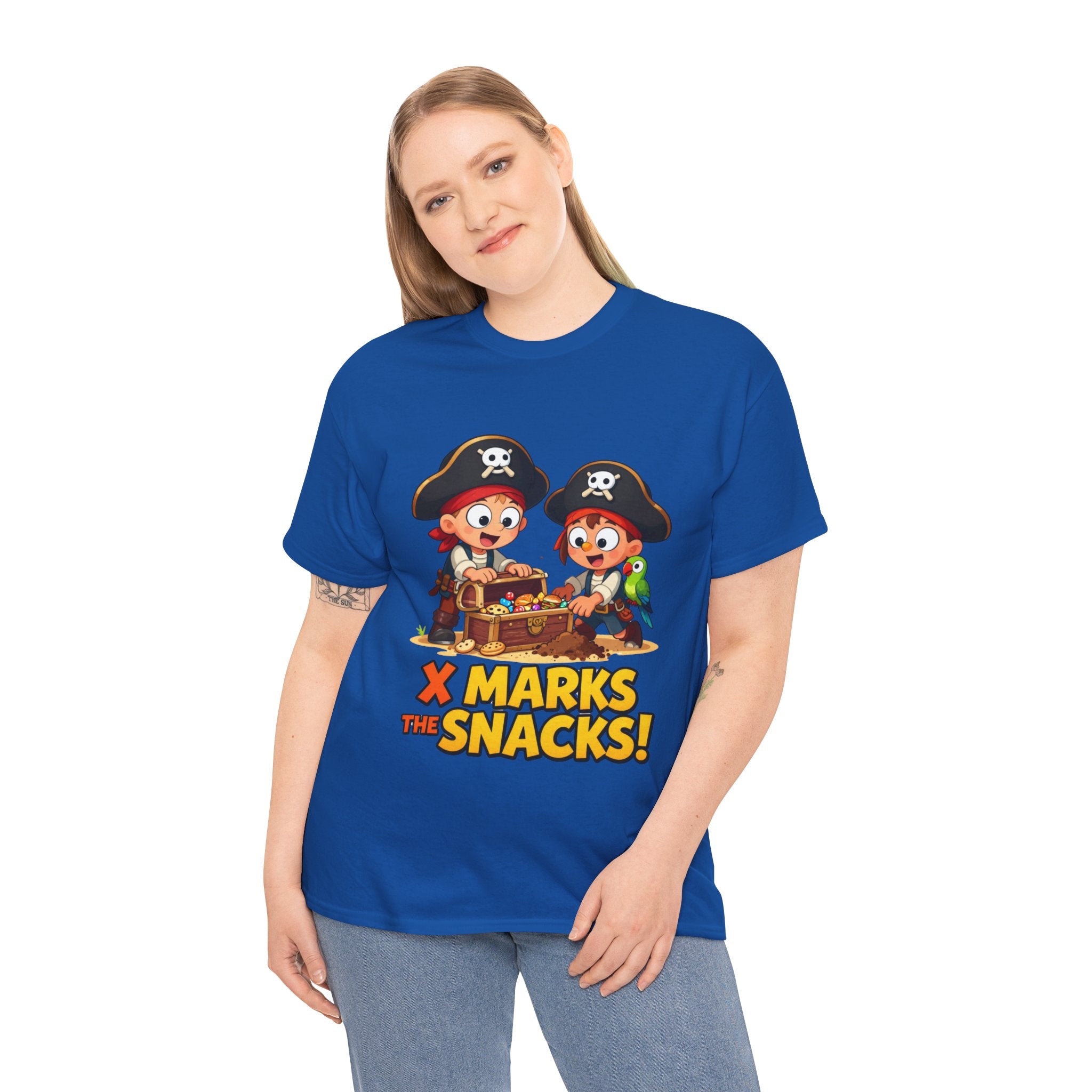 X Marks the Snacks T-Shirt – Funny Pirate Treasure Chest Food Cartoon | Pirate Parrot Foodie Humour Graphic Tee