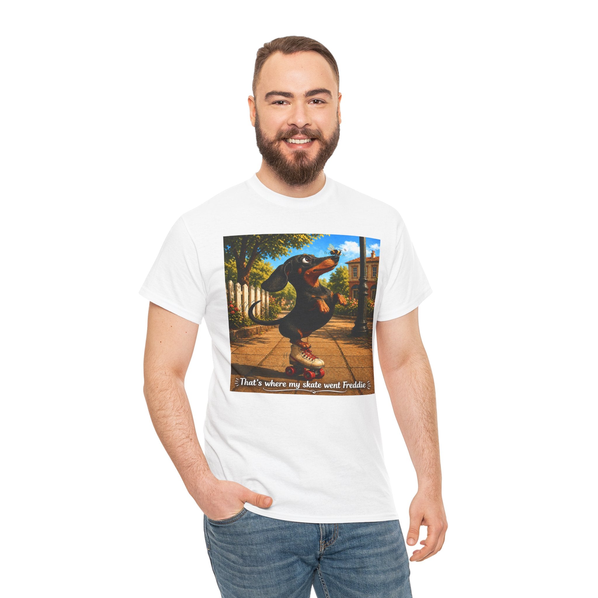 Dachshund on Skate T-Shirt — "That's Where My Skate Went Freddie" Retro Skate Tee