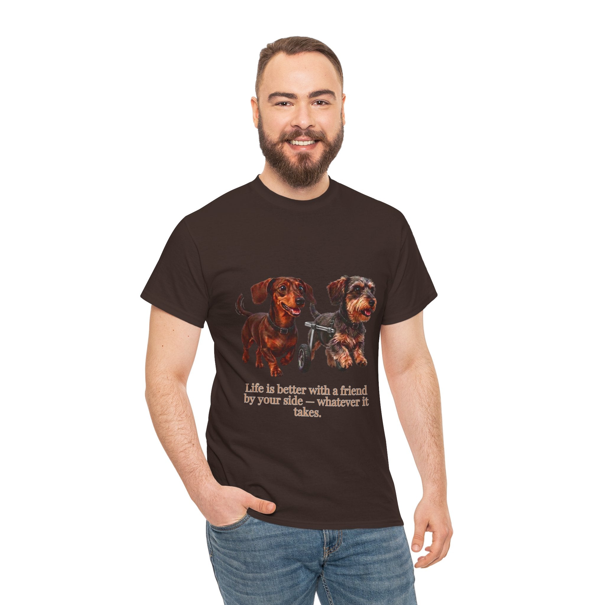 Life Is Better With a Friend by Your Side T-Shirt | Dachshund on Wheels Dog Tee | Heartwarming Furry Friends Graphic T-Shirt