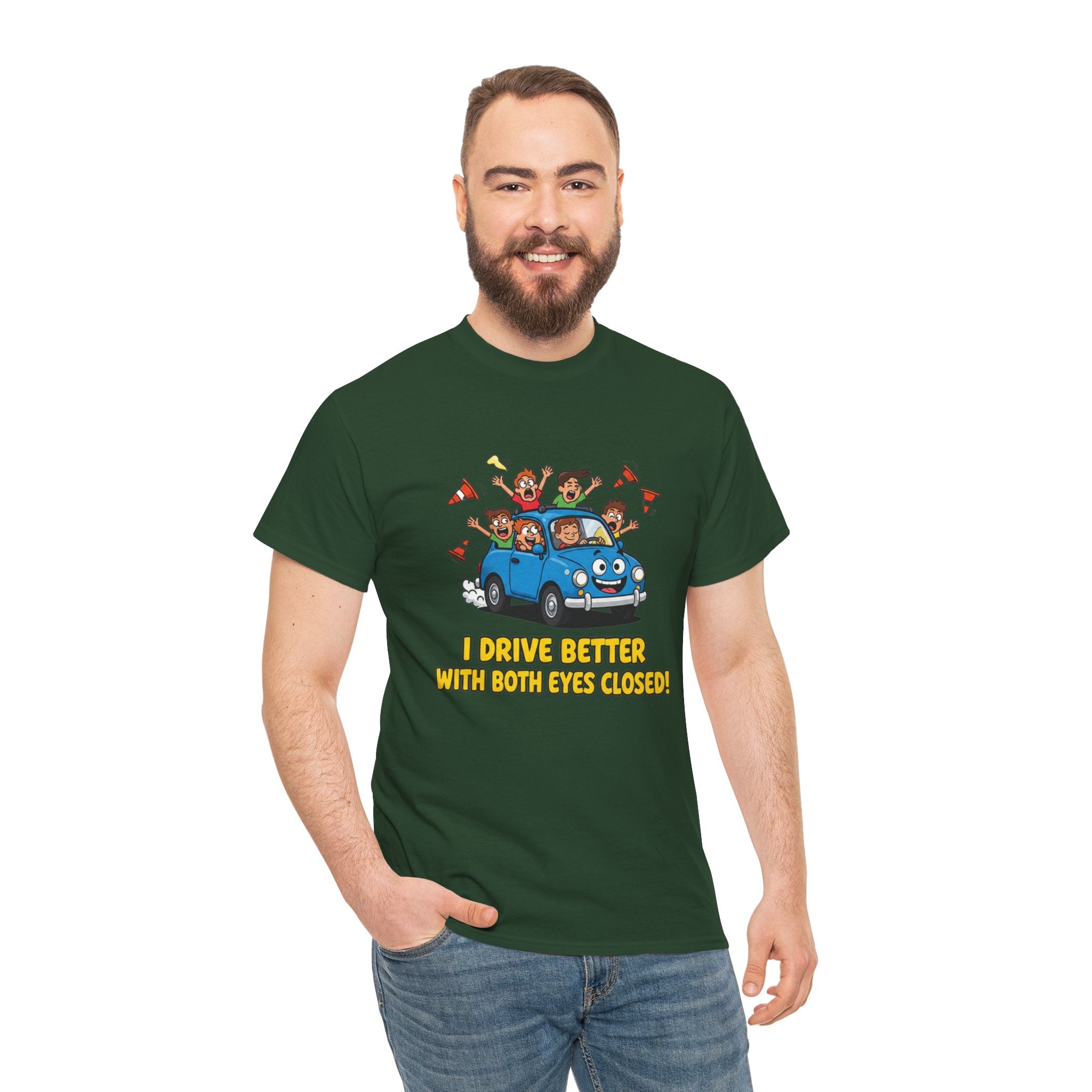 Drive Better With Both Eyes Closed T-Shirt – Funny Cartoon Car Driving Humour | Bad Driver Graphic Tee