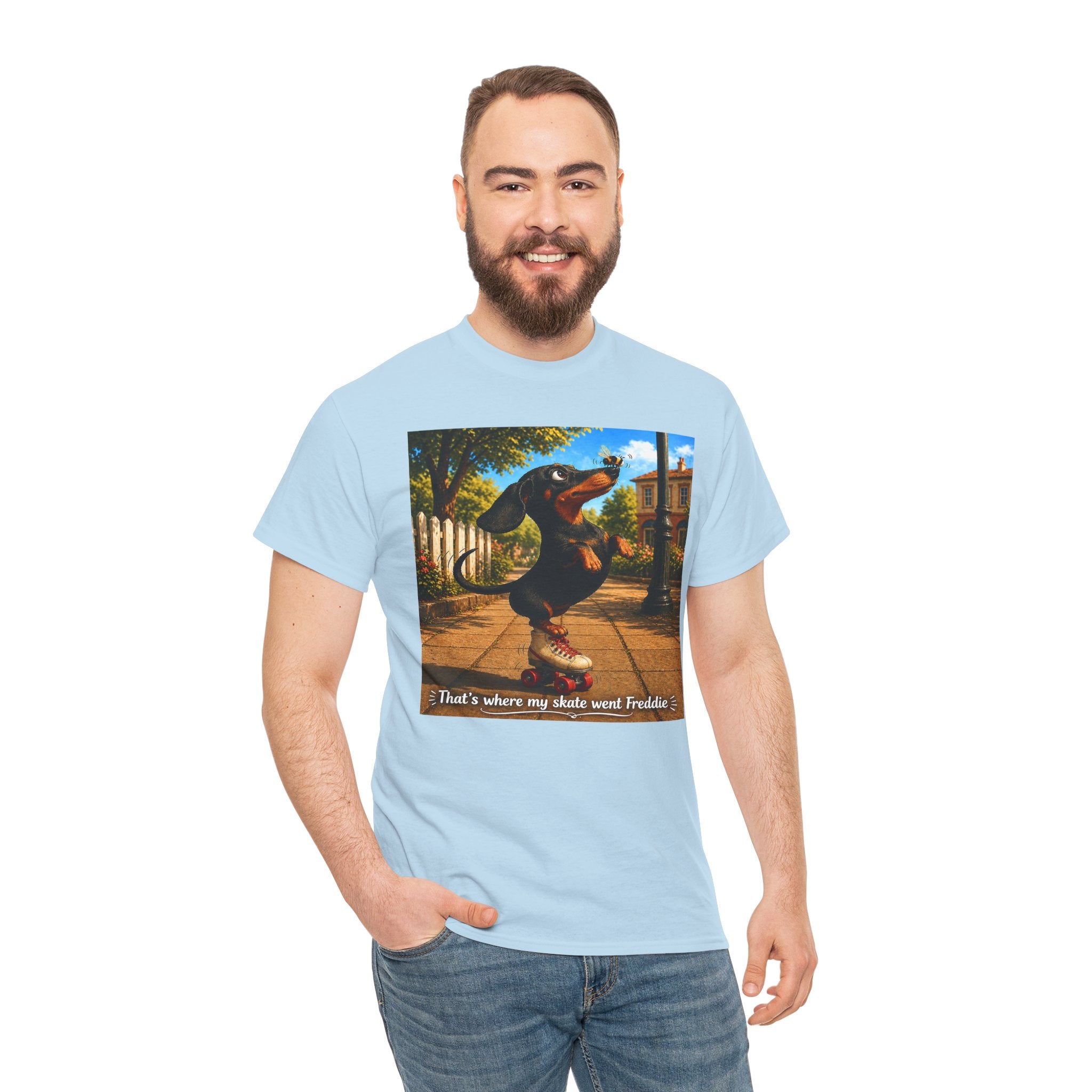 Dachshund on Skate T-Shirt — "That's Where My Skate Went Freddie" Retro Skate Tee