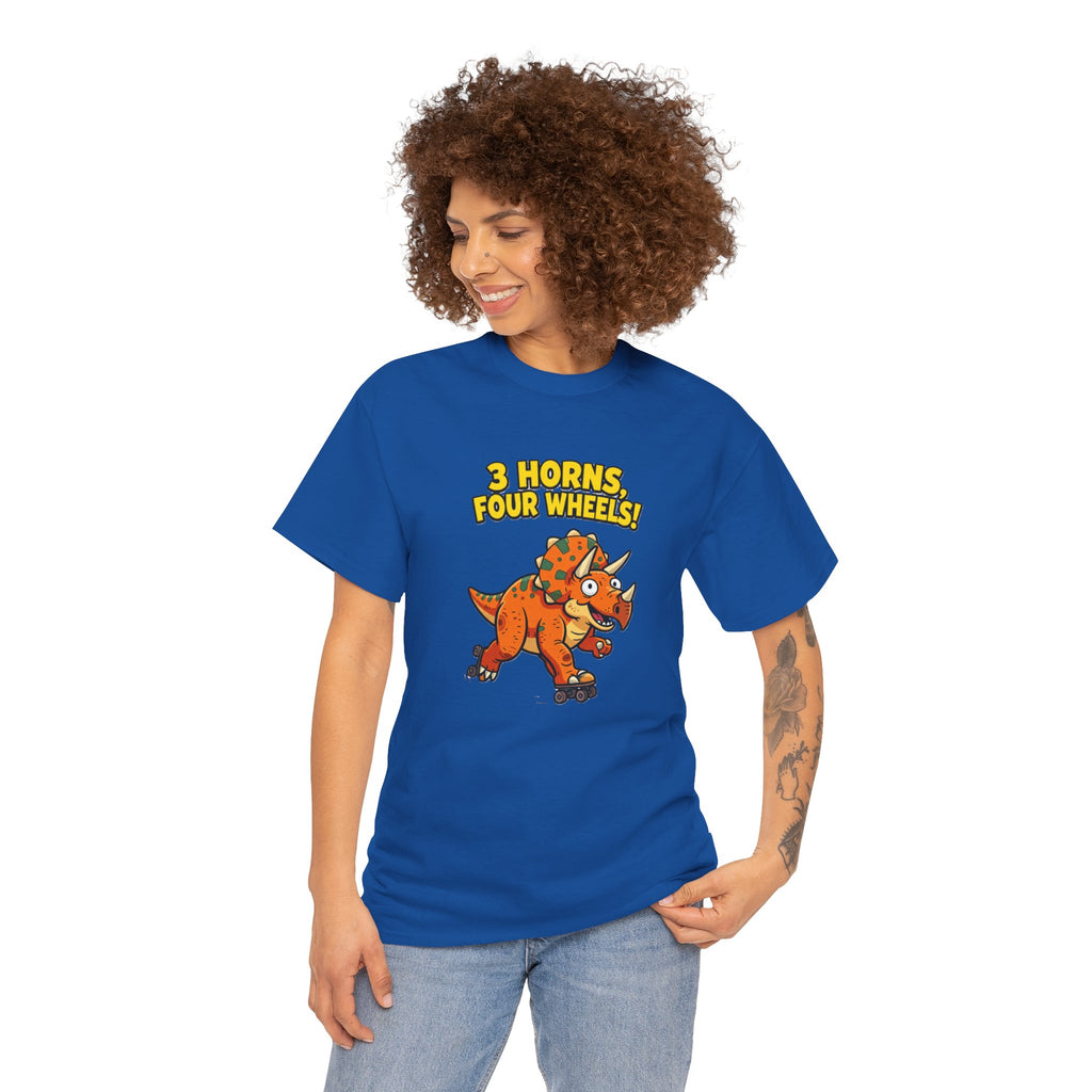 3 Horns Four Wheels T-Shirt – Funny Triceratops Roller Skate Cartoon Dinosaur | Dino Skater Graphic Tee