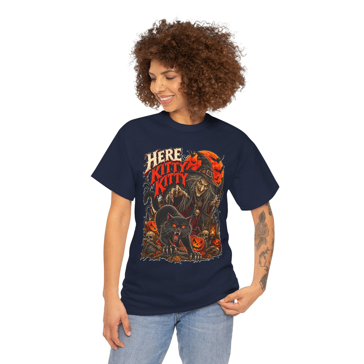 Here Kitty Kitty: Witch and Black Cat Halloween T-Shirt