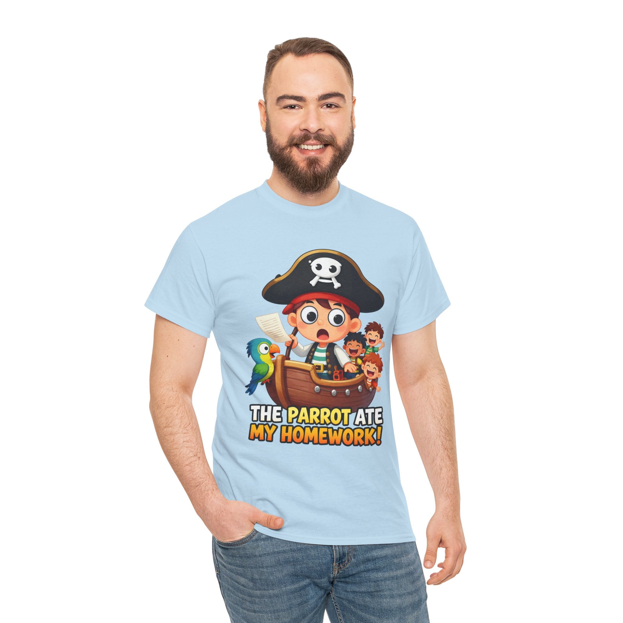 The Parrot Ate My Homework T-Shirt – Funny Pirate School Excuse Cartoon | Kids Pirate Humour Graphic Tee