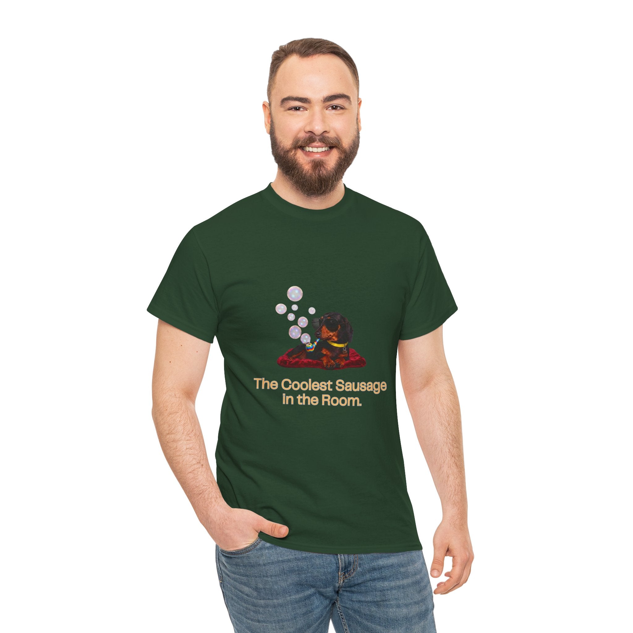 The Coolest Sausage in the Room T-Shirt – Funny Dachshund Sunglasses Bubble Pipe | Sausage Dog Wiener Dog Graphic Tee