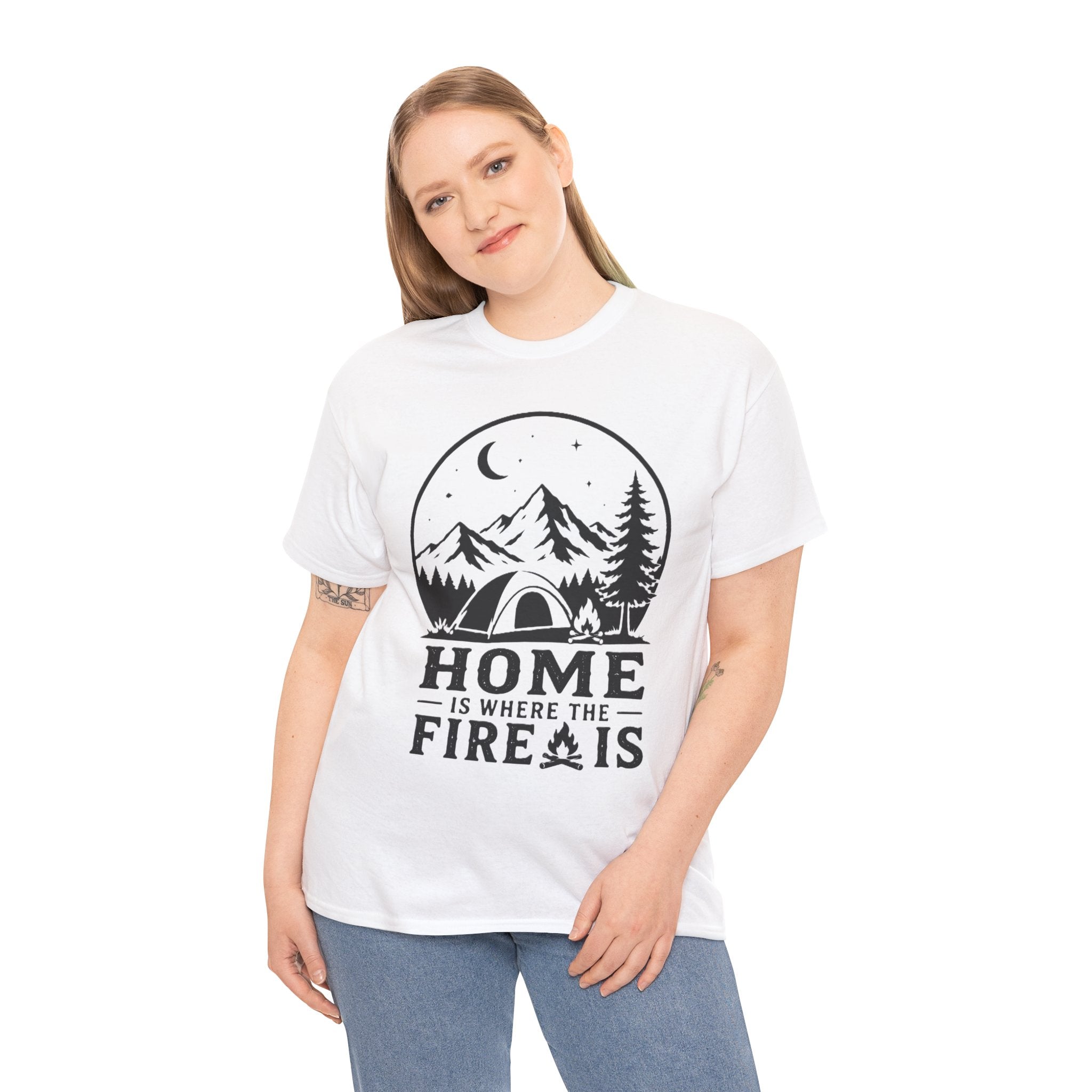 Camping T-Shirt — "Home Is Where The Fire Is" Outdoor Campfire Tee - Four bars of signal lost. One entire soul found.