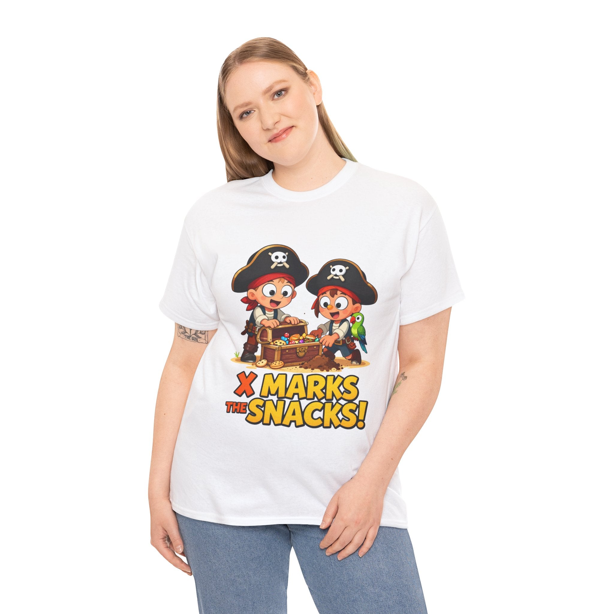 X Marks the Snacks T-Shirt – Funny Pirate Treasure Chest Food Cartoon | Pirate Parrot Foodie Humour Graphic Tee