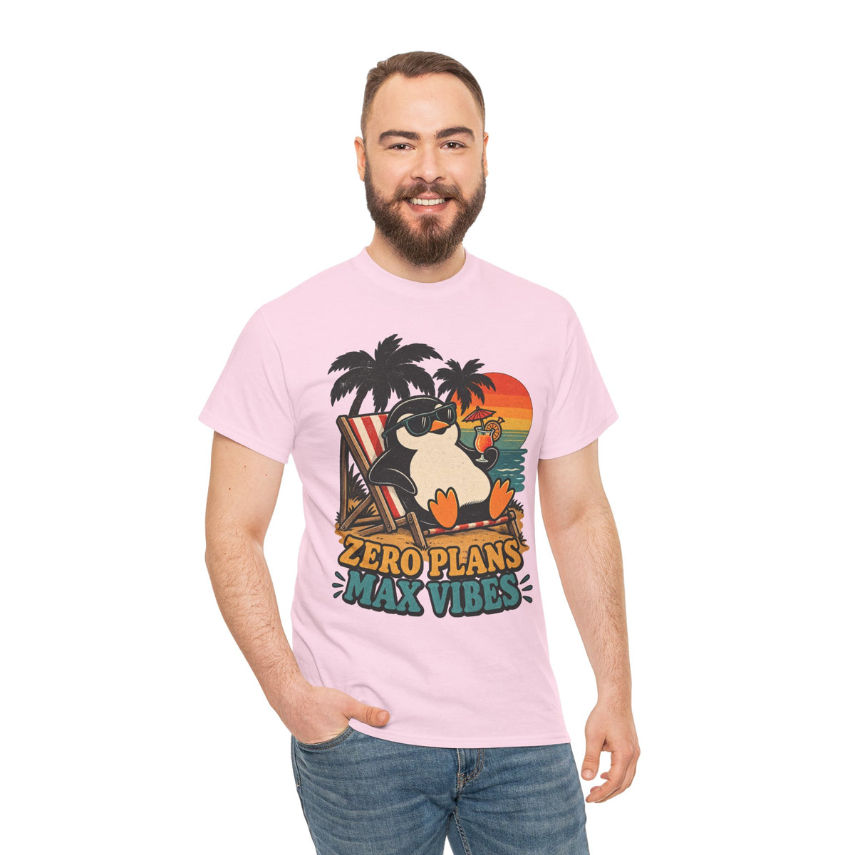 T-Shirt — "Zero Plans, Max Vibes" Penguin Beach Tee