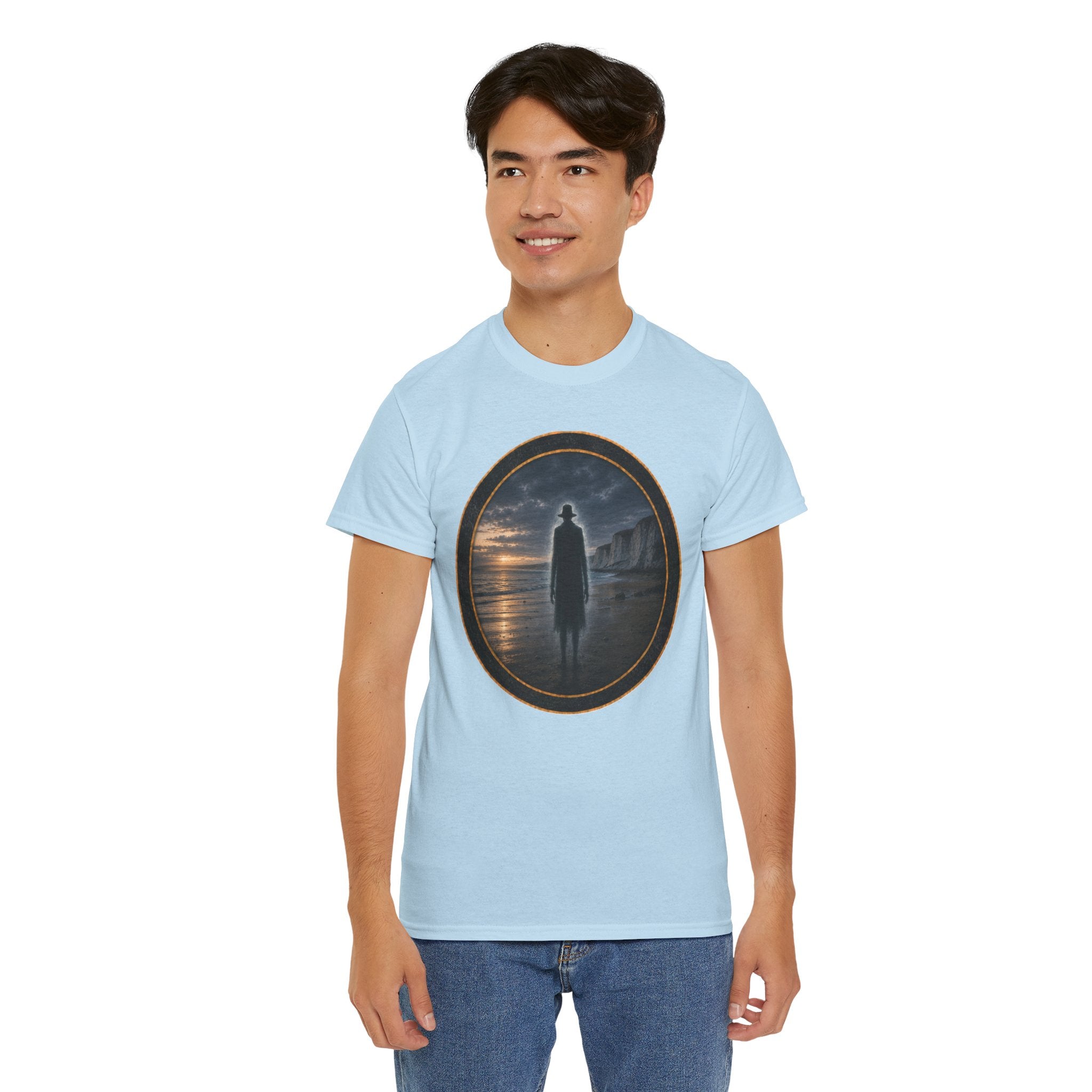 The Watcher on the Shore - Mystic Shore Tee — Silhouette at Dusk Graphic T-Shirt