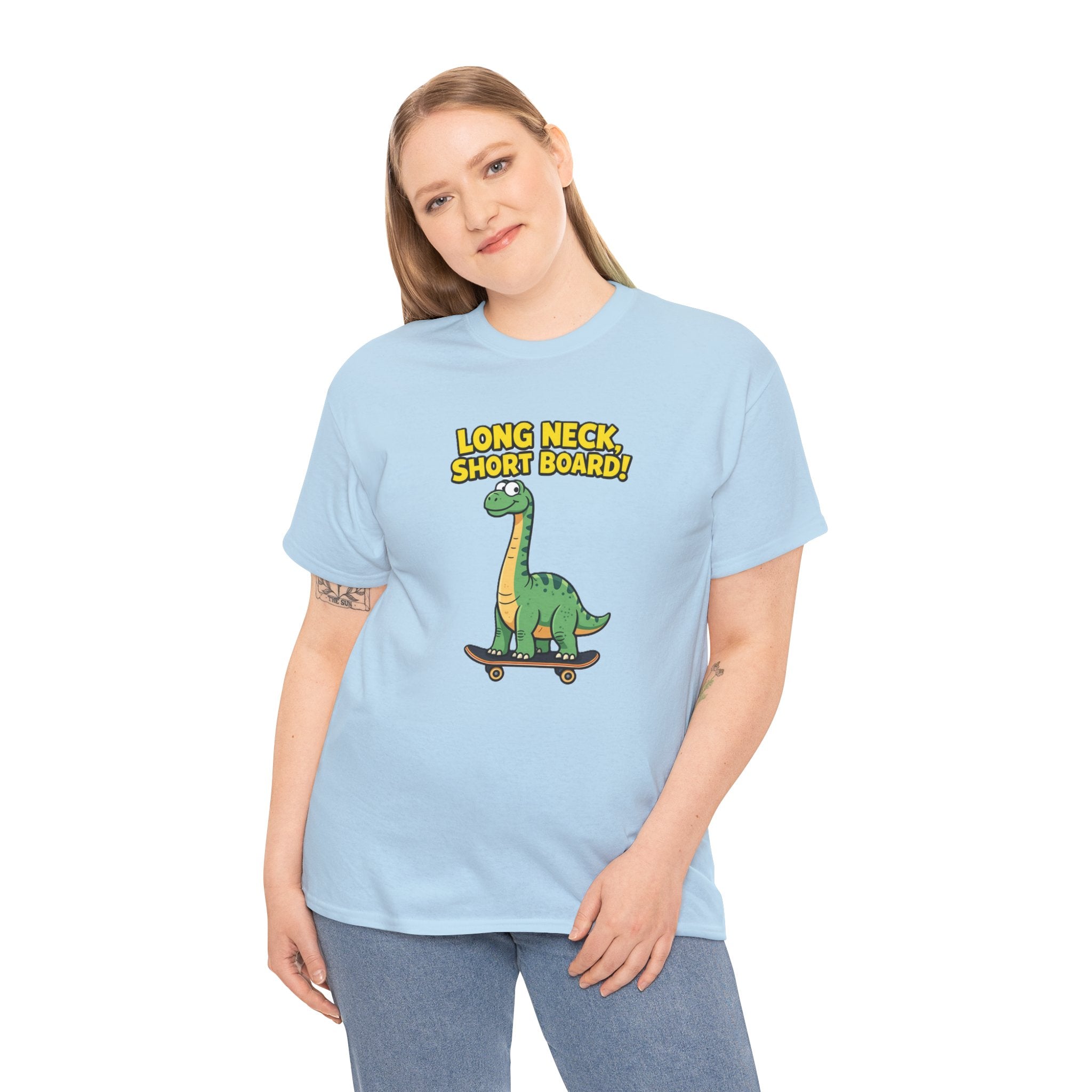 Long Neck Short Board T-Shirt – Funny Brachiosaurus Skateboard Cartoon Dinosaur | Tall Dino Skater Pun Graphic Tee