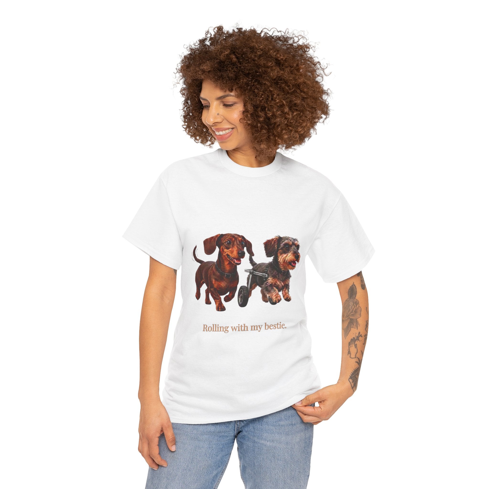 Rolling With My Bestie T-Shirt | Cute Dachshund Wheelchair Dog Tee | Funny Heartwarming Furry Friends Graphic T-Shirt
