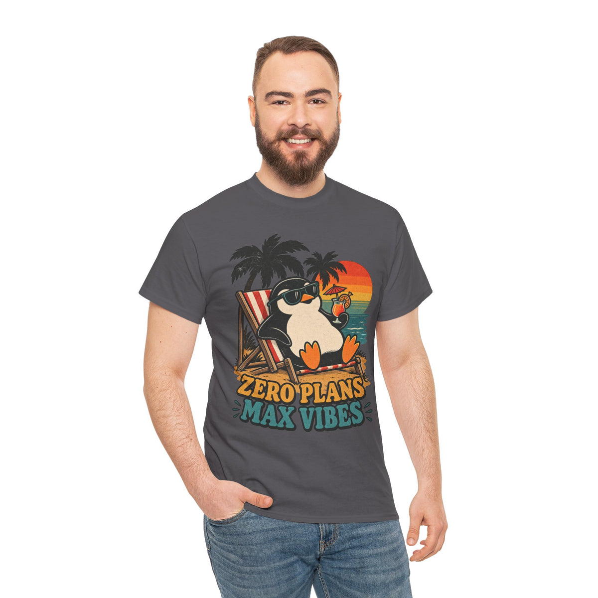 T-Shirt — "Zero Plans, Max Vibes" Penguin Beach Tee