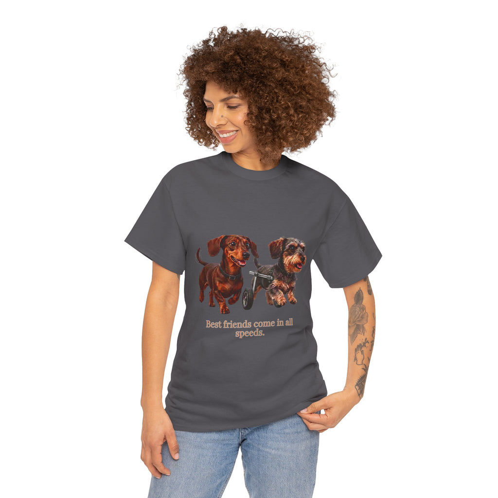 Dachshund Friends T-Shirt — Best Friends Roll Together | Cute Dachshund Mobility Dog Tee | Heartwarming Furry Friends Graphic T-Shirt