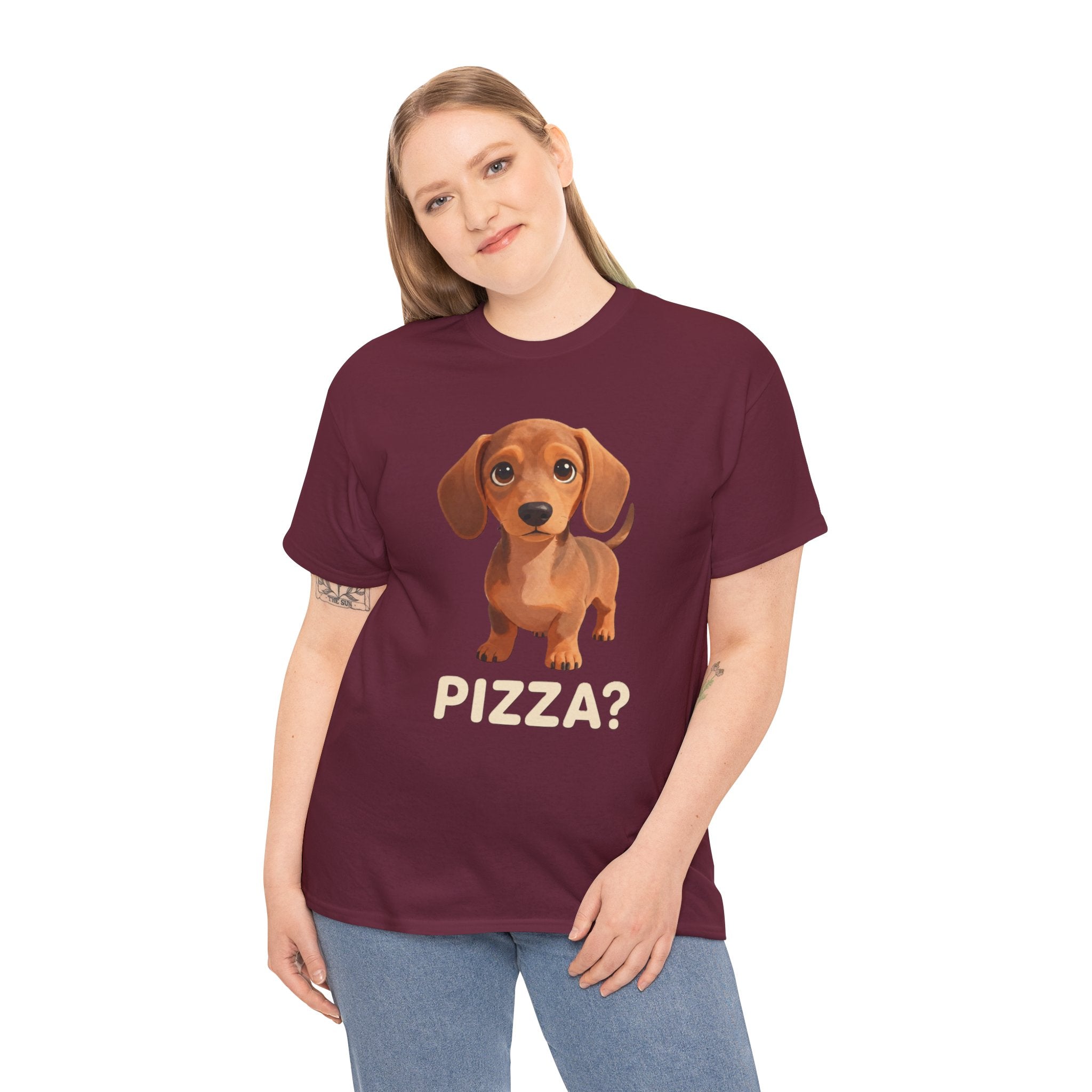 T-Shirt — Cute Dachshund Puppy Design with "PIZZA?" Text