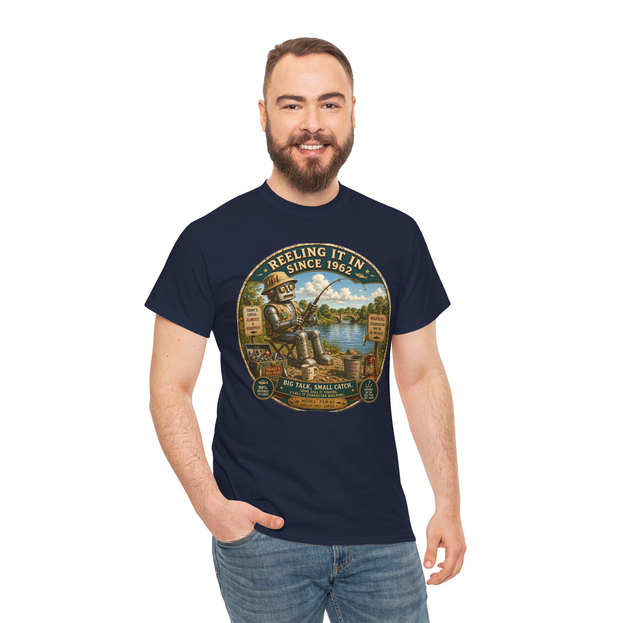 Reeling It In Since 1962 T-Shirt — Funny Robot Angler Graphic Tee