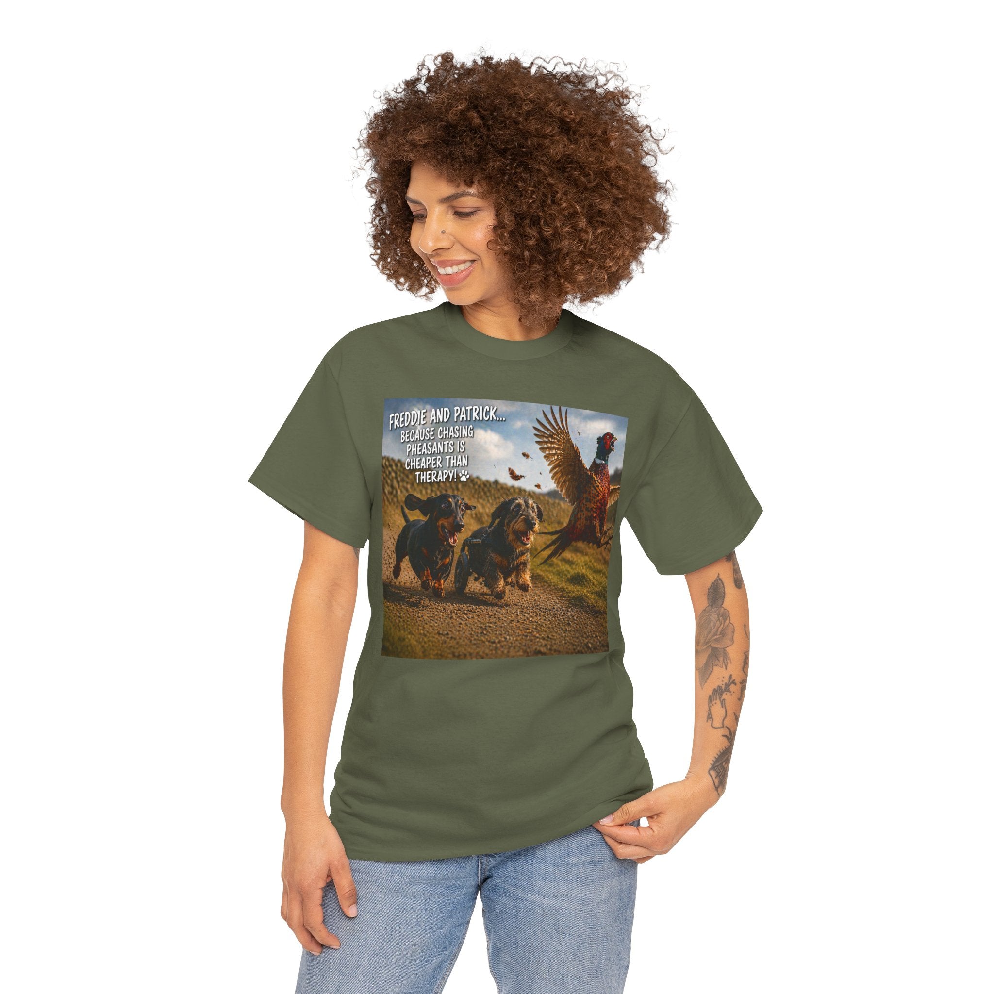 Dachshund & Pheasant Tee – "Friends Don't Let Friends Play Alone" Graphic T-Shirt