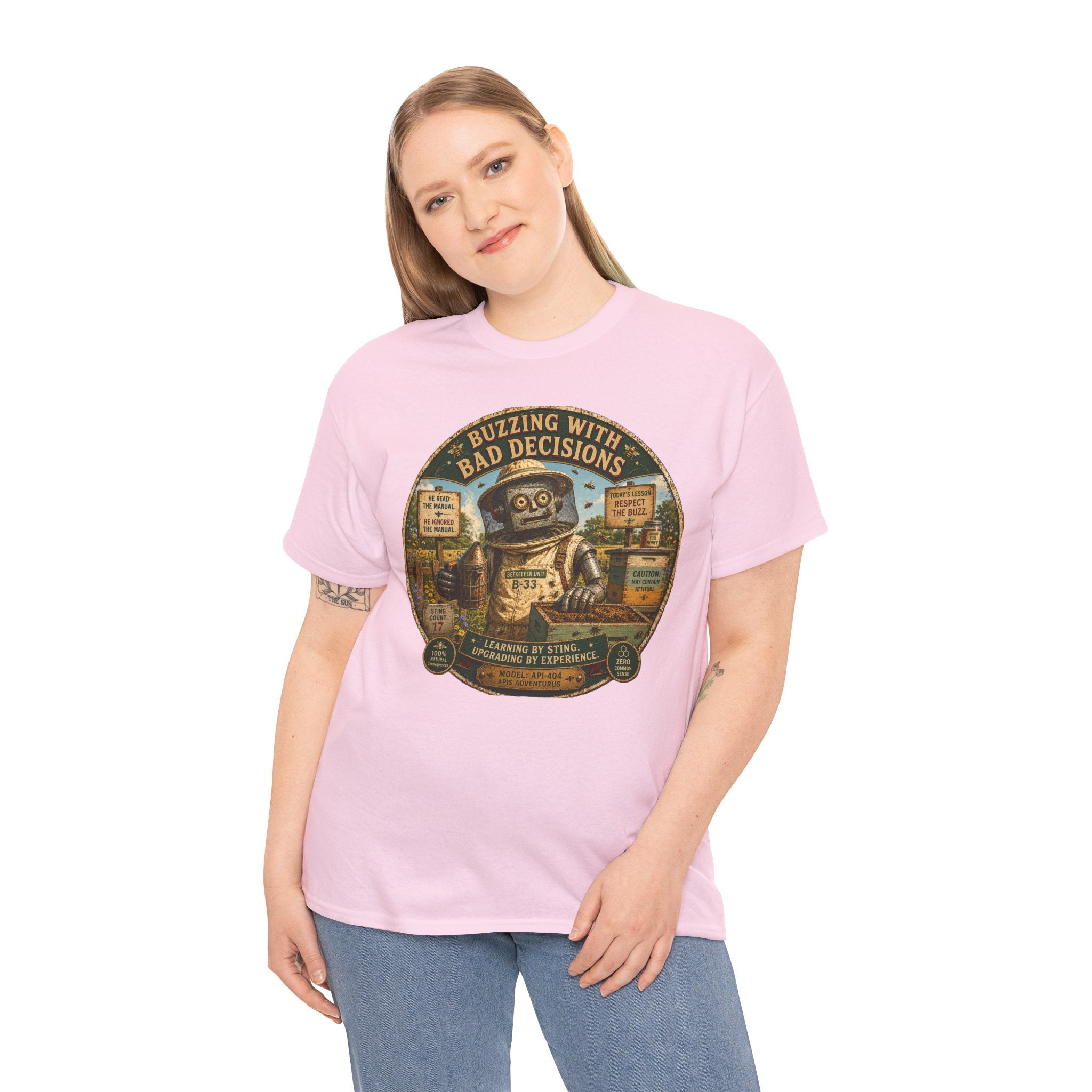 Buzzing With Bad Decisions T-Shirt — Funny Robot Beekeeper Graphic Tee
