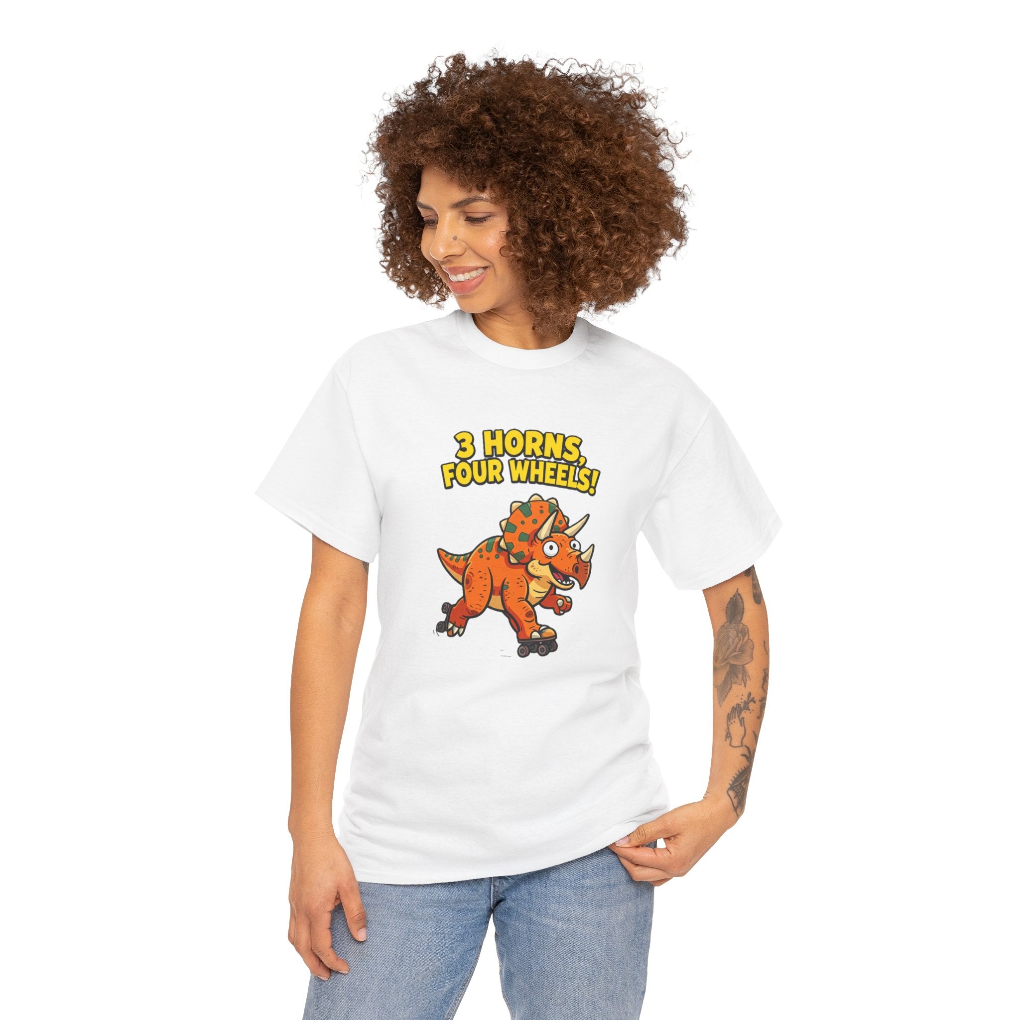 3 Horns Four Wheels T-Shirt – Funny Triceratops Roller Skate Cartoon Dinosaur | Dino Skater Graphic Tee